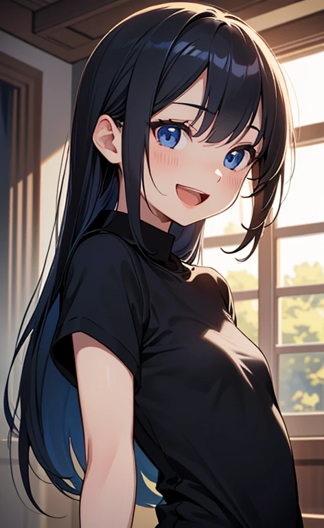 (masterpiece:1.4、top-quality、illustration:1.4,realistic、)、(character focus、breast focus,upper body:1.3)、(1girl),(Open mouth happy smile:1.3),(cute),cute face,blue eyes、(cute)、
,(stand:1.4),(black long hair),
,(slender),(shirt:1.3),
(),(), (small breasts:1.3)、
、slender、nsfw