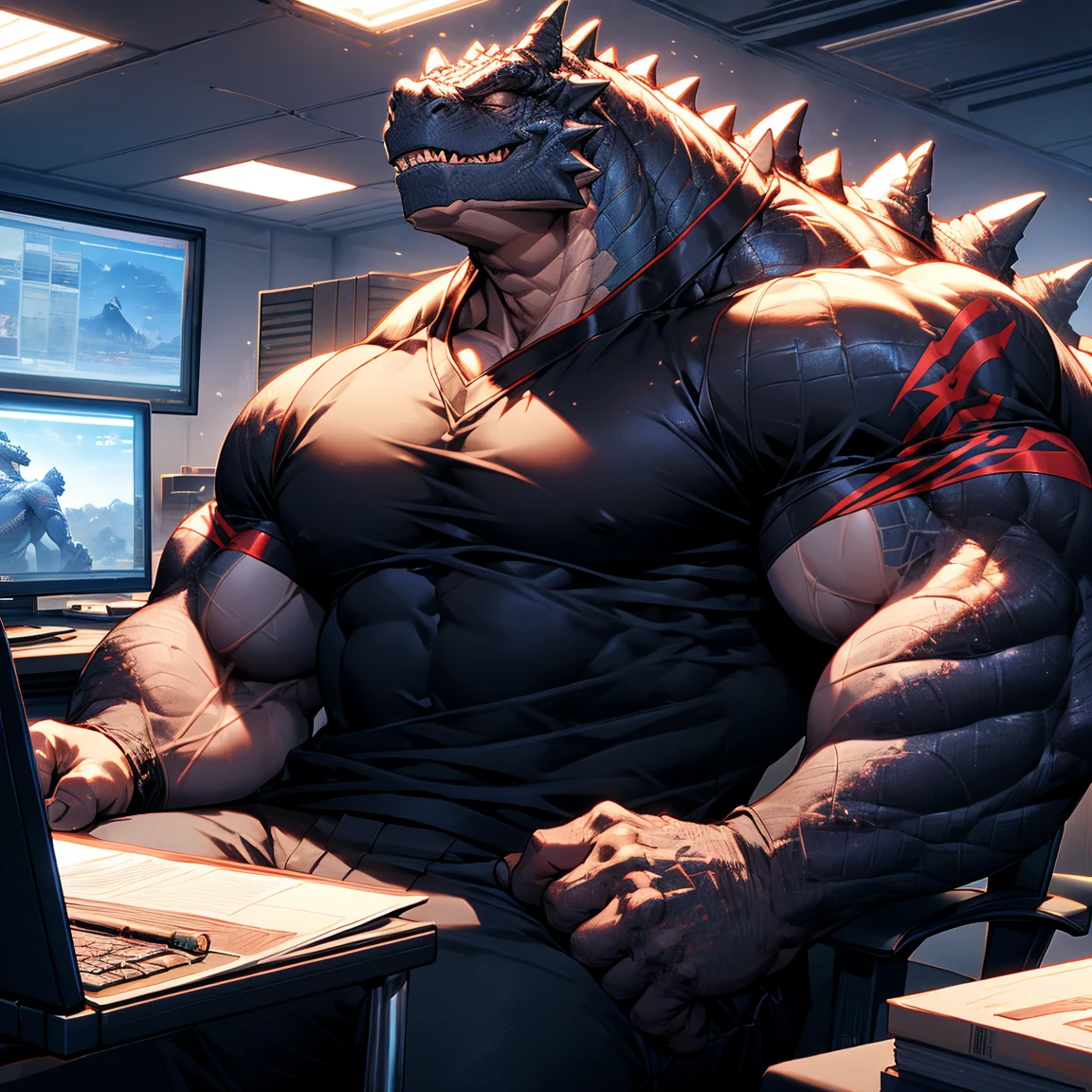 Muscle Godzilla and Muscle Dragon,Big bulge， Bodybuilder, Wear a long-sleeved white collar shirt, skirt, Black pants, Sleeping in an office chair, Glowing skin, Vibrant colors, 4K resolution, very detailed art, realism, Photographic Lighting, Photographic scenes