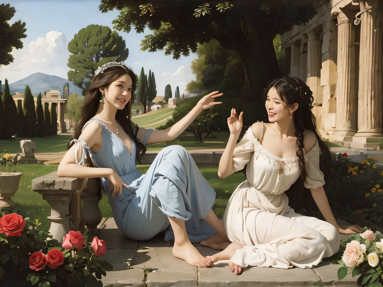 full body portrait or statue、Giorgione painting style,Arguments of two female Philosophe,math、astronomical machine、astronaut、roses in vase、fruits、Cute trinkets、smile、ancient greek costume、Ancient Roman landscape in the style of Nicolas Poussin,laughter,,Sweet and seductive appearance.、Caravaggio's paintings、Chiaroscuro of Caravaggio、hair tousled by the wind,Two women frolicking,cute smile, expression of ecstasy,Sexy,erotic,