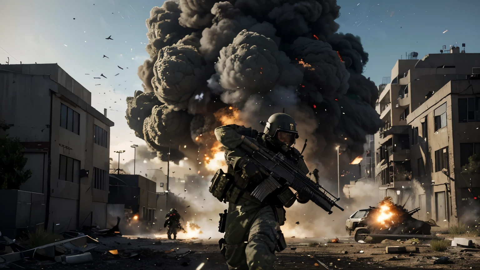 exploding grenades, Call of Duty: Modern Warfare 3, cooked timing, soldier throwing, battlefield environment, smoke effects, realistic explosion, shrapnel flying, military gear, intense combat, dynamic lighting, first-person perspective, action-packed scene, detailed textures, high-resolution graphics, immersive sound effects, tactical gameplay, war-torn setting, debris scattering.