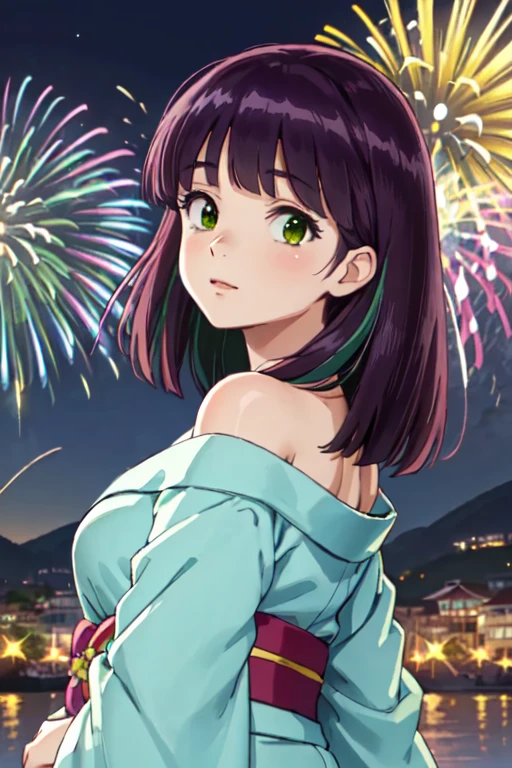 masterpiece, best quality, ultra detailed, highres, extremely detailed CG unity 8k wallpaper, perfect lighting,  very detailed background, beautiful and aesthetic,sharp focus, perfect face, dynamic pose, dynamic angle,
1girl, upper body, (portrait:1.1), multicolored yukata, kanzashi, looking at viewer,  full-face blush, from side, from below, smile,
night, dark sky, misty lake, mountainous horizon, break,aerial fireworks,  (Full of sky fireworks:1.2),
、Shoulder Bare、(Off the shoulder)、(Holding a handheld firework:1.2)、(middle  Breasts:1.0)、
(shinobu miyake:1.5, long hair, bangs, purple hair, (green eyes:1.5))、