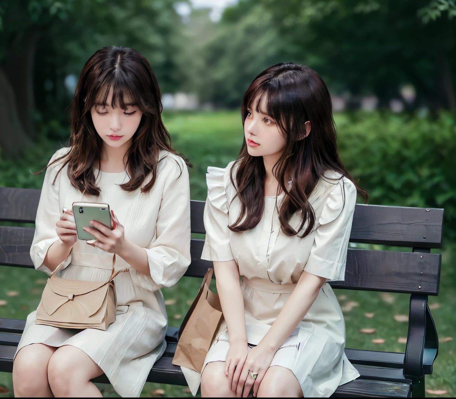 2lady, Sit on it (Bench end), (Office staff outfit) fashionable, Mature female, /(Brown hair/) Bangs, (Looking at the phone), (Masterpiece Best Quality:1.2) Exquisite illustrations with rich details, large breasts rest /(Black Hair/) Bangs, (Staring into the distance) rest ((Simple paper bag:1.2) Sitting in the middle of the bench) rest (Ordinary city park) outdoor, (green landscape), noon, Detailed background