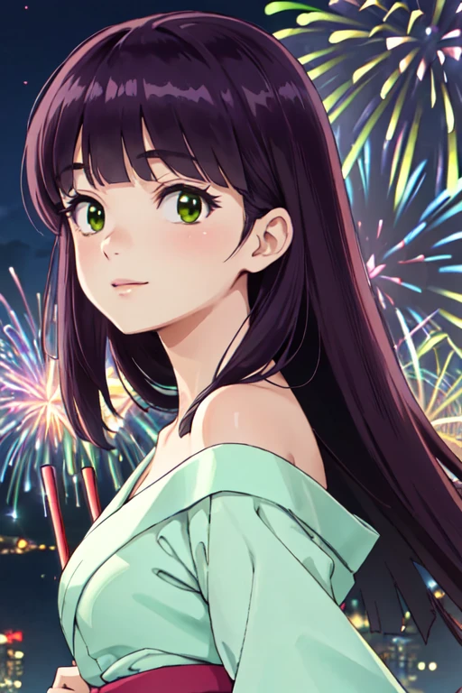 masterpiece, best quality, ultra detailed, highres, extremely detailed CG unity 8k wallpaper, perfect lighting,  very detailed background, beautiful and aesthetic,sharp focus, perfect face, dynamic pose, dynamic angle,
1girl, upper body, (portrait:1.1), multicolored yukata, kanzashi, looking at viewer,  full-face blush, from side, from below, smile,
night, dark sky, misty lake, mountainous horizon, break,aerial fireworks,  (Full of sky fireworks:1.2),
、Shoulder Bare、(Off the shoulder)、(Holding a handheld firework:1.2)、(middle  Breasts:1.0)、
(shinobu miyake:1.5, long hair, bangs, purple hair, (green eyes:1.5))、