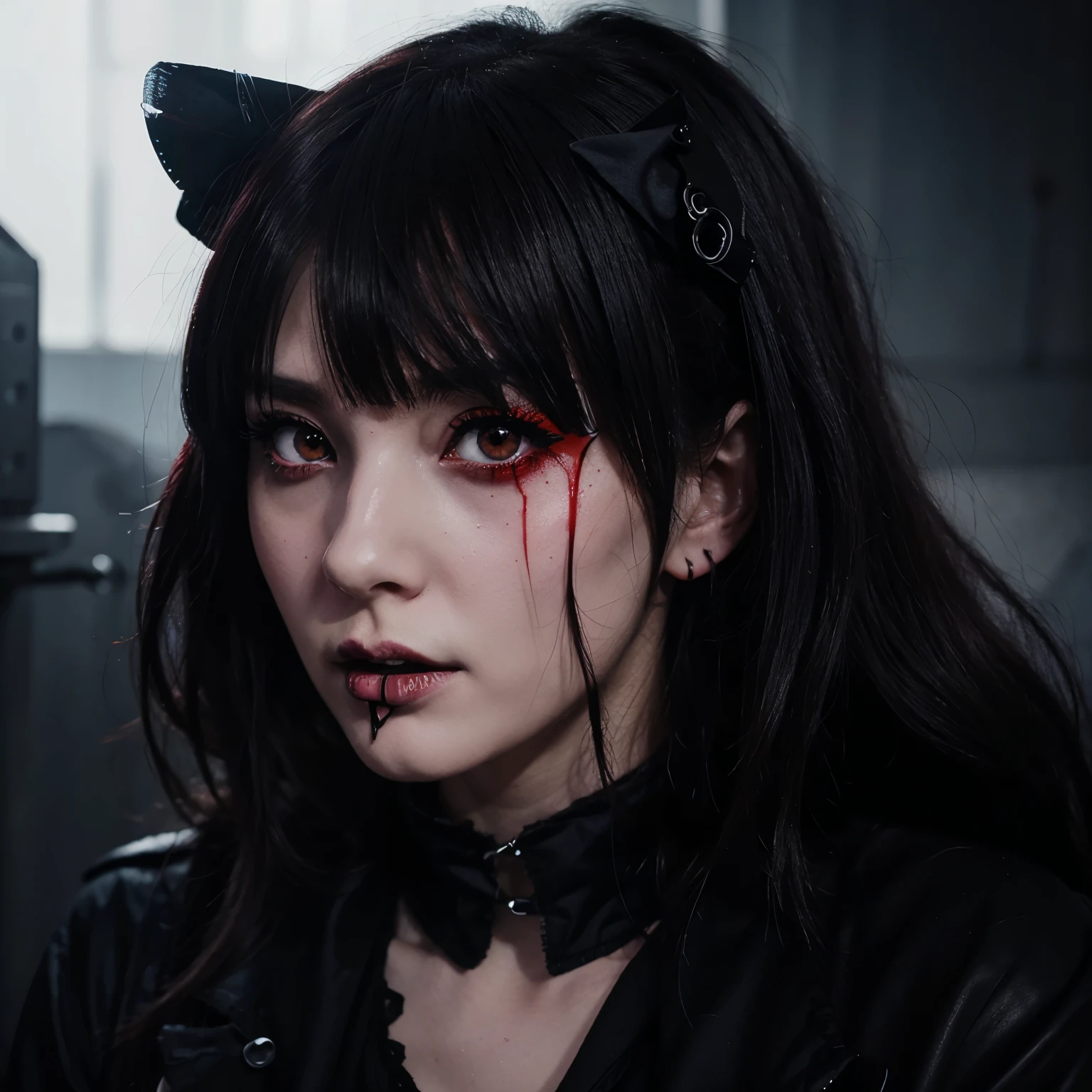 anime digital drawing of an evil goth girl looking down with blooding coming out of her mouth