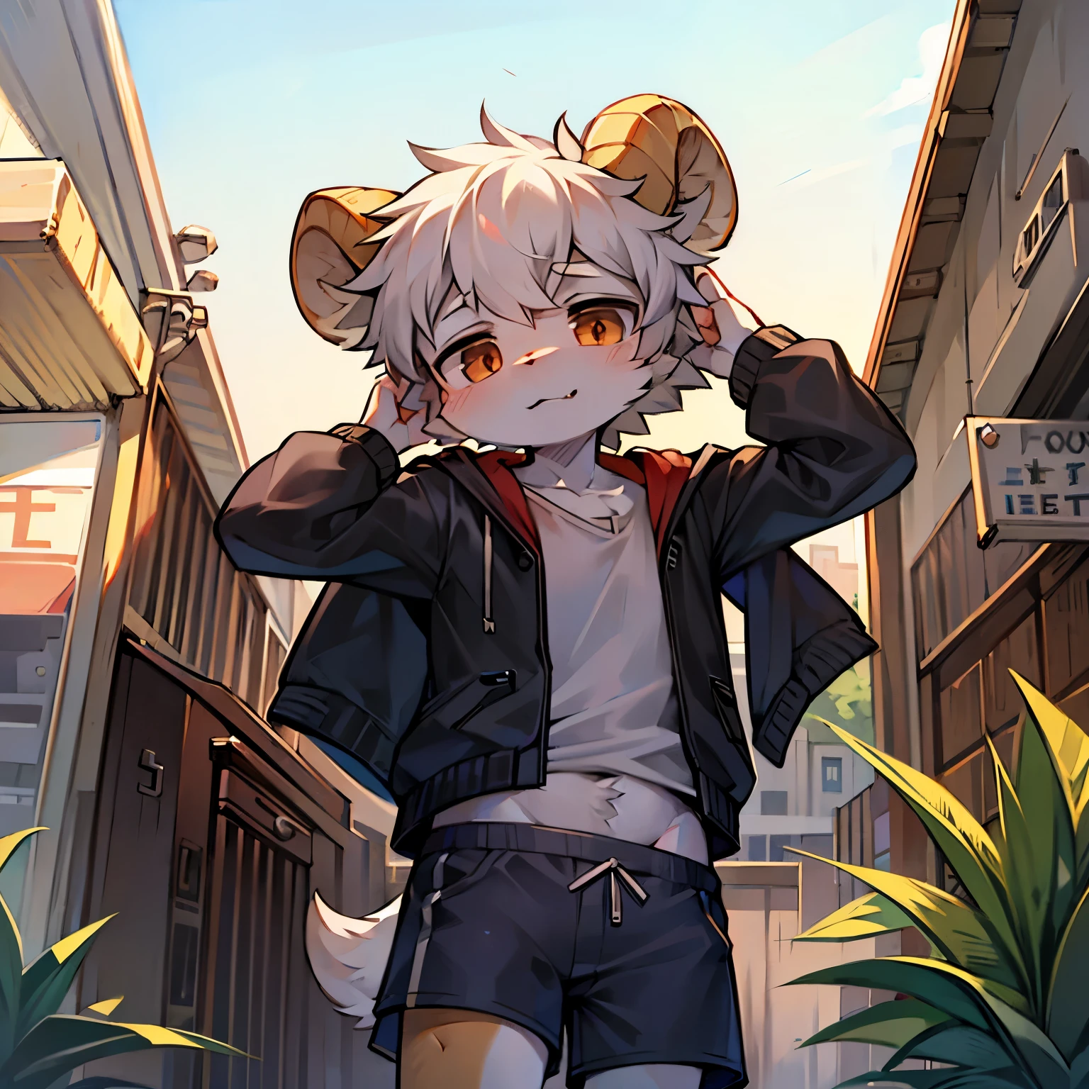 Goat Boy,furry men,Sickly,Cute appearance,Short stature,Characteristics of -year-boy,Ser short sleeves with jacket,Shorts don't stand out