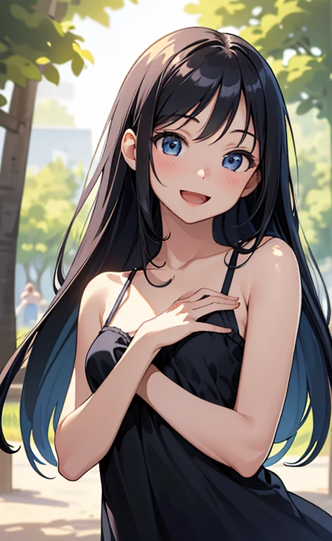 (masterpiece:1.4、top-quality、illustration:1.4,realistic、)、(character focus、breast focus,upper body:1.3)、(1girl),(Open mouth happy smile:1.3),(cute),cute face,blue eyes、(cute)、
,(stand:1.4),(black long hair),
,(slender),sundress:1.3),
(),(), (small breasts:1.3)、
、slender、nsfw