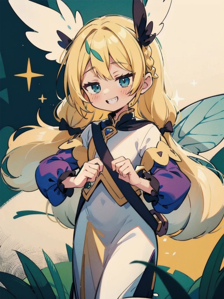 fantasy art, flying fairy girl, wearing fairy wings, blond hair, braid hair, grin, from front, vivid clolor, high-saturation, best-quarity,