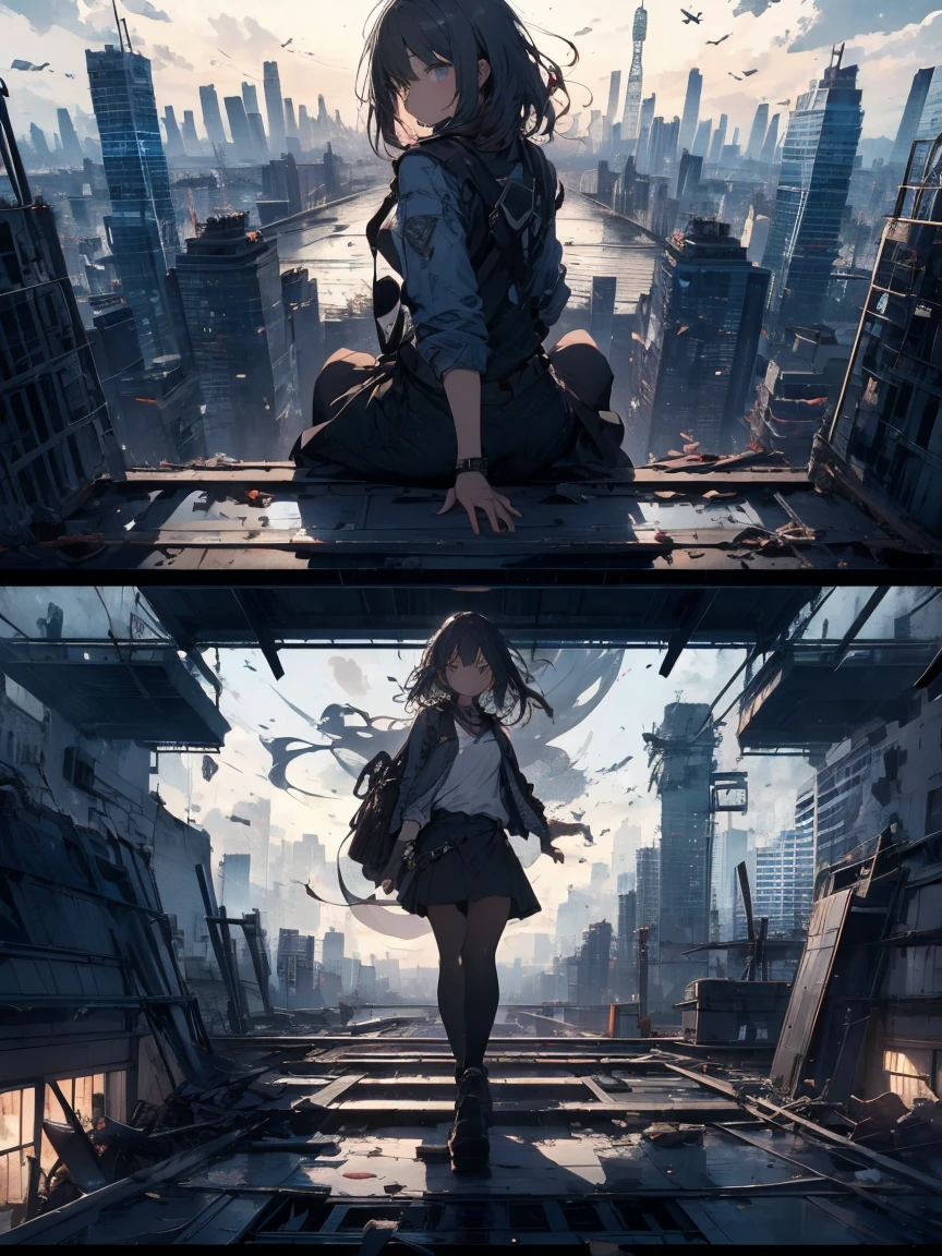 Absurd, High resolution, Very detailed, (One Girl:1.3),Remains、 Complex architecture, break , Creating a destructive image of the devil, It has horrible features, Dark Power, A desire for chaos and destruction. break , Capture unique and diverse perspectives, Curved perspective. break , Add rooftop views to your cityscape, Panoramic cityscape,