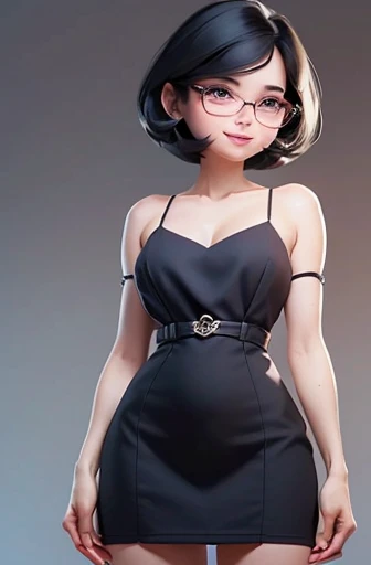 (masterpiece), (8k, best quality, high resolution), (ultra-detailed, realistic), (anatomically correct),
((full body image)), (Standing), (No background),
(1woman), (looking at viewer),
(A Japanese woman, 30 years old and 155cm tall.),
(black hair), (straight hair), (short hair style), (bob cut), (hair behind ears),
((she wears glasses with black cell-frame frames)),
((Simple design navy blue mini length spaghetti strap dress)),
(Create a detailed image of the eye),
(Her impression is pure, clean and kind.),
((A captivating smile, just showing a few teeth.)),