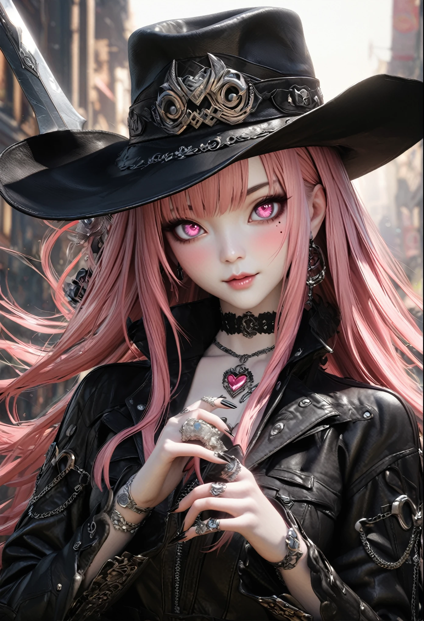A very cute goth anime girl with Pink hair and bangs, wearing rings on her fingers, pale skin, sharp eyes, dark makeup, she has long acrylic nails that have been painted silver, intricate rings on fingers, wearing an all-black outfit, She exudes sophistication and cool. in the style of hyper realistic. fasion style, mysterious smile, --ar 3:4 --niji 6 --style raw --s 1000 masterpiece,highest quality, Very detailed, High resolution, expensive resolution, High resolution, 4K, 8k, unity 8k wallpaper, Very detailed CG, masterpiece, Realistic, 2D, 3D, Beautiful details, depth, Fine texture , highest quality: 1.3, Fully focused, Crispy.skin, .he, Very cute anime girl 、Cowboy Styleの衣装、Cowboy hat、Cowboy boots テキカン 荒野、Pink semi-long hair wearing expensive , One Girl、alone, Pink semi-long hair, Cowboy Style、Cowboy hat、Long sword、duel、Cowboy boots、computer、disk、Mole under the eye, looking at the viewer , expensive , blush, Mole, Lips parted, hair ornaments, heart, Pink Eyes, choker
