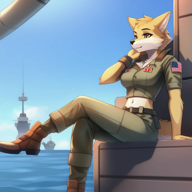 Solo, female,yellow fur, anthropomorphic wolf, army engineer, sitting on the edge of the battleship 