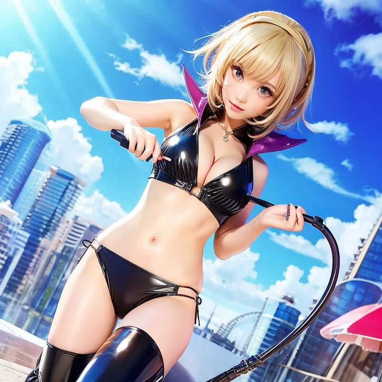  {{popped collar}},latex, bikini,sleeveless, cleavage, knee boots