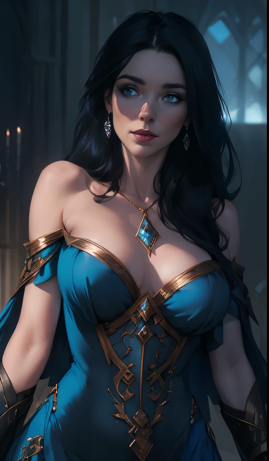 NSFW fantasy, Goddess, girl, sweet face, with long black hair, pale skin, in a light revealing blue dress with diamonds on the fabric, off the shoulders, expressive breasts, gorgeous, face looks like Bridget Regan, 8K, HD