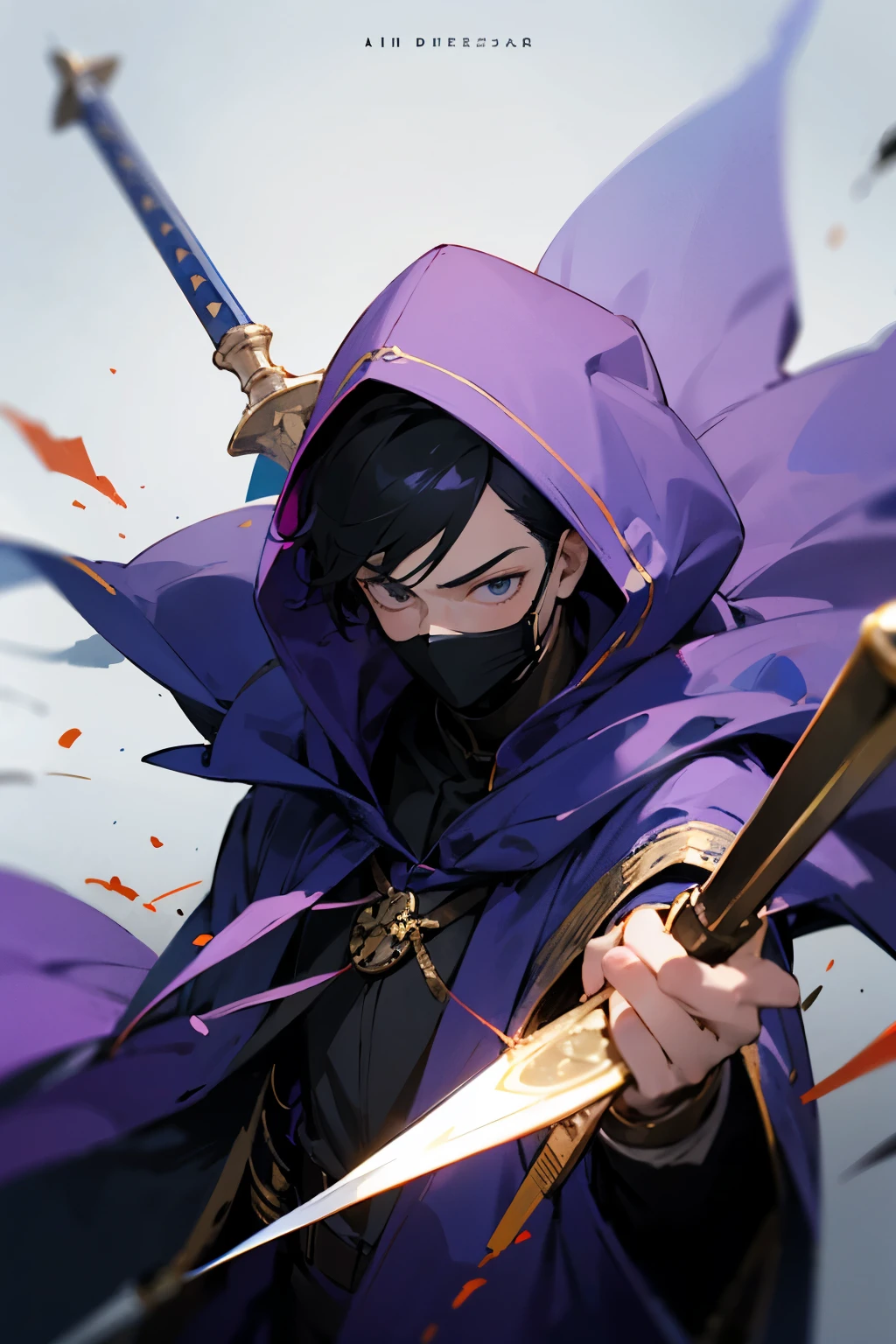 a young man assassin with half his face covered by a mask and hood, long dark purple clothing, a dagger in one hand and a magical aura he is 15 years old