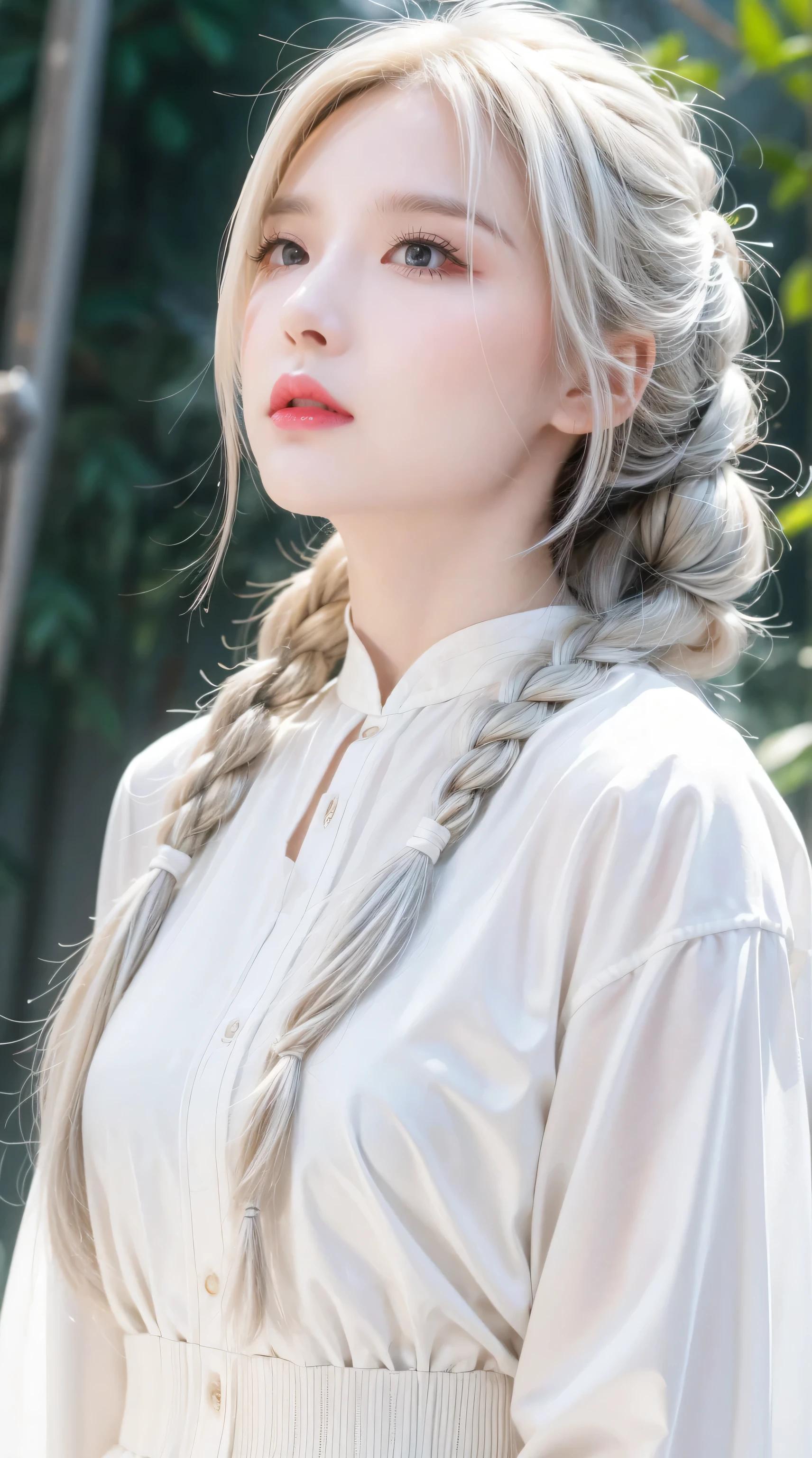best quality, masterpiece,white hair, Golden Eyes,White clothes, look up, Upper Body,Hair,White skin,Side Braid