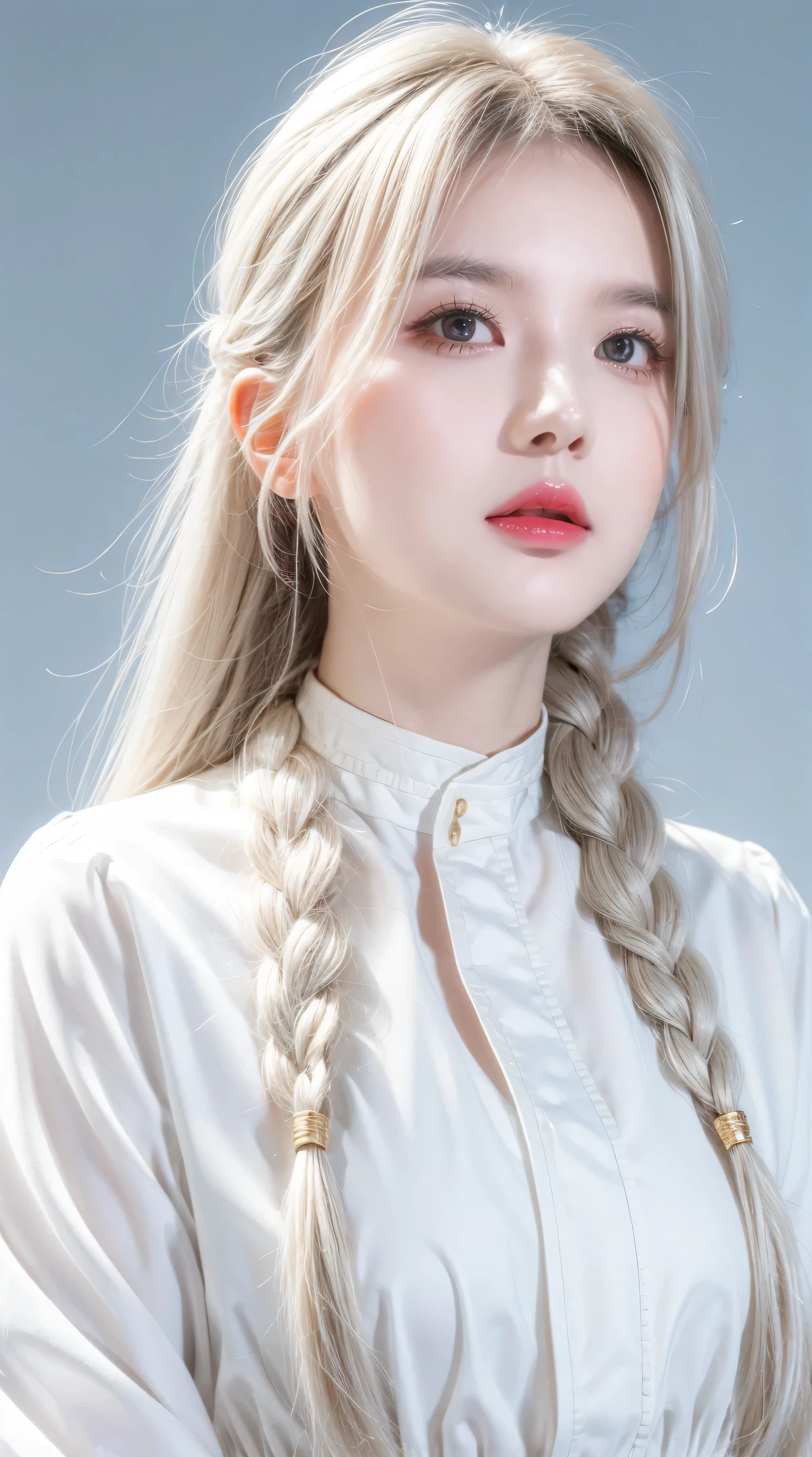 best quality, masterpiece,white hair, Golden Eyes,White clothes, look up, Upper Body,Hair,White skin,Side Braid
