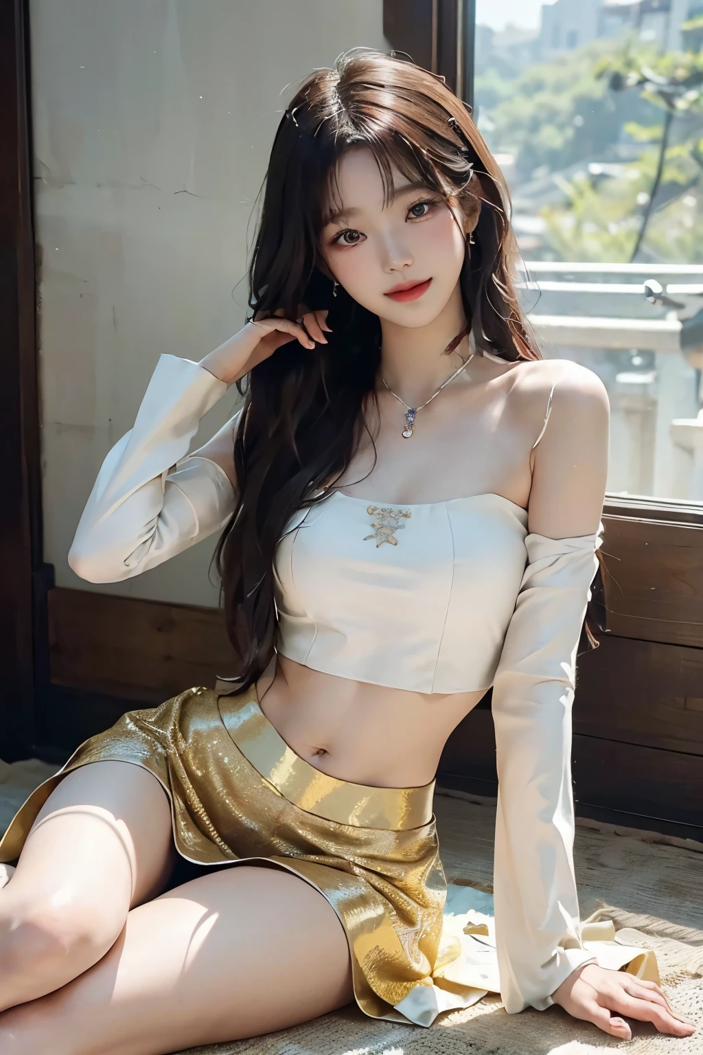 ((high-level image quality))、(Like a shot with an SLR)、beautiful a girl, ((glamour sensual body))、 Beautiful legs, ((traditional korean 2 조각 dress)), take a slit in the clothes on the thigh、fantasy background, sitting, navel exposed, little smile, (light is in front of the girl), ((bright shiny face without shadows))