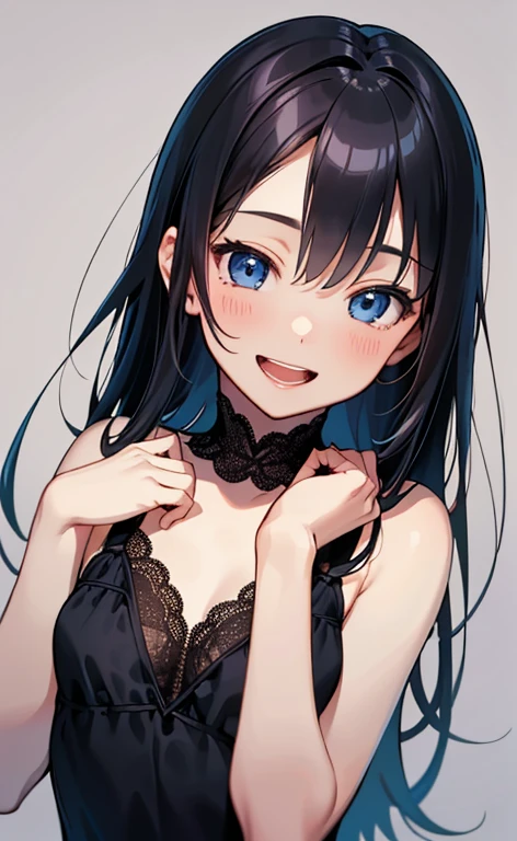 (masterpiece:1.4、top-quality、illustration:1.4,realistic、)、(character focus、breast focus,upper body:1.3)、(1girl),(Open mouth happy smile:1.3),(cute),cute face,blue eyes、(cute)、
,(stand:1.4),(black long hair),
,(slender),lace dress:1.3),
(),(), (small breasts:1.3)、
、slender、nsfw