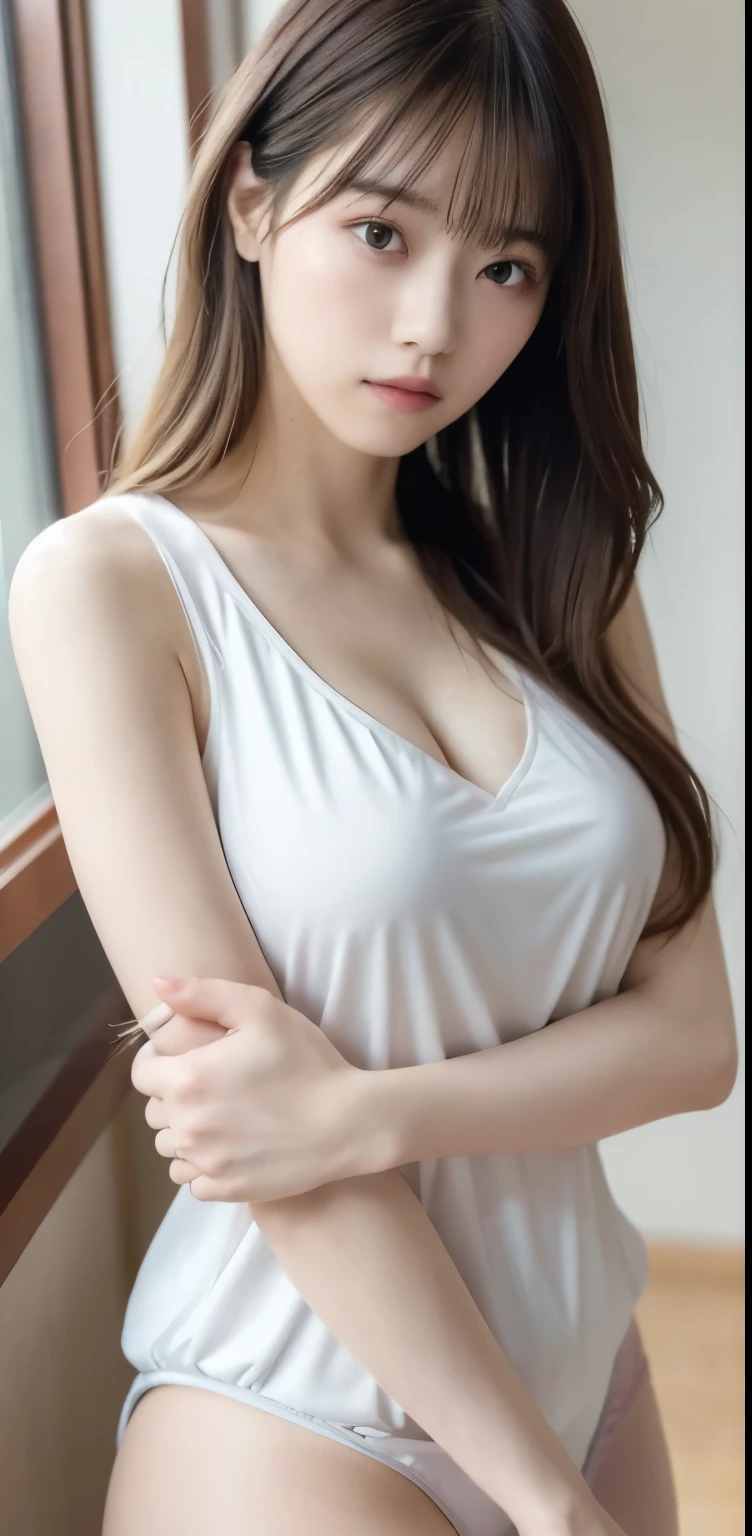 masterpiece, highest quality, 8k, 20th Generation, Large Breasts, cute, alone, sad, cute, Girlish, Delicate girl, Pure beauty, RAW Photos, Professional photography, Portraiture, Soft Light, Professional Lighting, Backlight, Upper Body, avert your eyes, Sophisticated, Film Grain, (Eyes and facial details:1.0), Short floating hair, Beautiful, flowing hair, bangs, (High school gym jersey(pastel colour))、(Large Breasts:1.0)、You can see a little cleavage、Nipple protrusion、Dolly Makeup、Translucent white skin、White Breasts、Odd Eye、The colour of the left and right eyes are different
