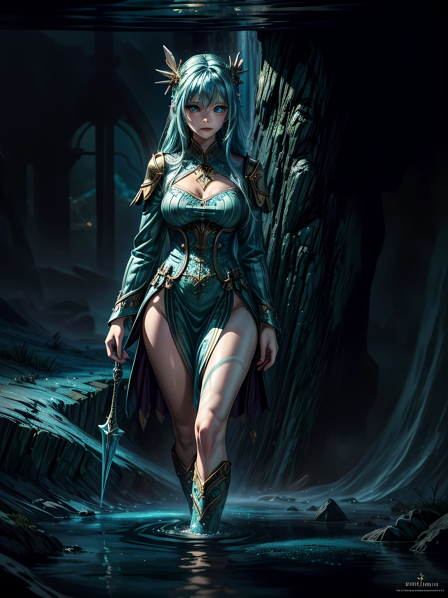 high details, best quality, 8k, [ultra detailed], masterpiece, best quality, (extremely detailed), full body, ultra wide shot, photorealistic, fantasy art, dnd art, rpg art, realistic art, an ultra wide picture of a female human (1.5 intricate details, Masterpiece, best quality) godess of water  ((watery radiant aura)), controlling a swirling streams of watery magic (1.5 intricate details, Masterpiece, best quality), manipulating purple radiant magical symbols, [[divine symbols]] (1.5 intricate details, Masterpiece, best quality), human female, blue  hair, long hair with aura, hair with green radiant eyes, intense eyes, holding a trident, ((radiant eyes)), (( green glowing eyes)), dynamic clothing, fantasy sea background, stresms of sea water,  celestial  background, ((divine worship atmosphere)), high details, best quality, highres, ultra wide angle, Ice_Cicin