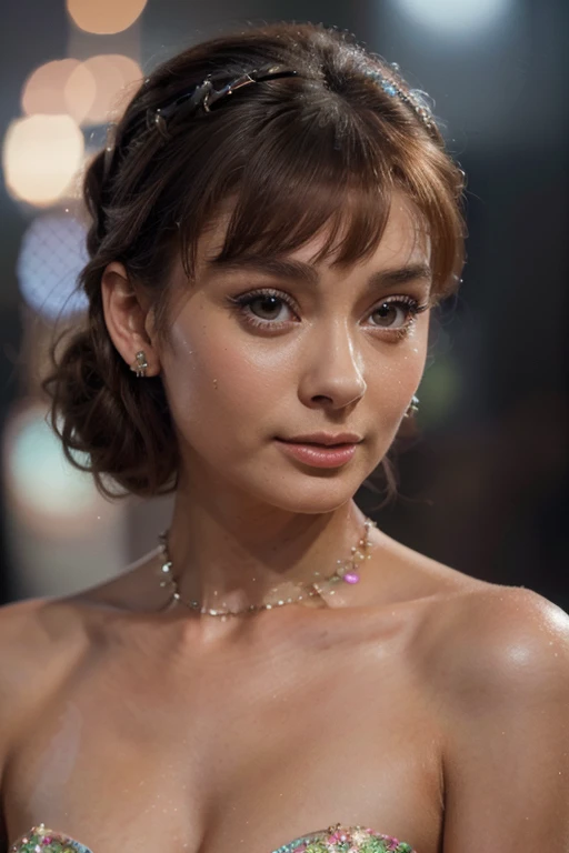(best quality,8k,ultra-detailed,realistic:1.2), Audrey Hepburn, (Playboy illustrations), Tim Gankum, Marco Mazzone, and João Rosell, fashion, digital painting, photorealism, nostalgic, fairy lights, pastel color palette, intricate details, digital art, CG society, masterpiece, diversity, ((perfect face))