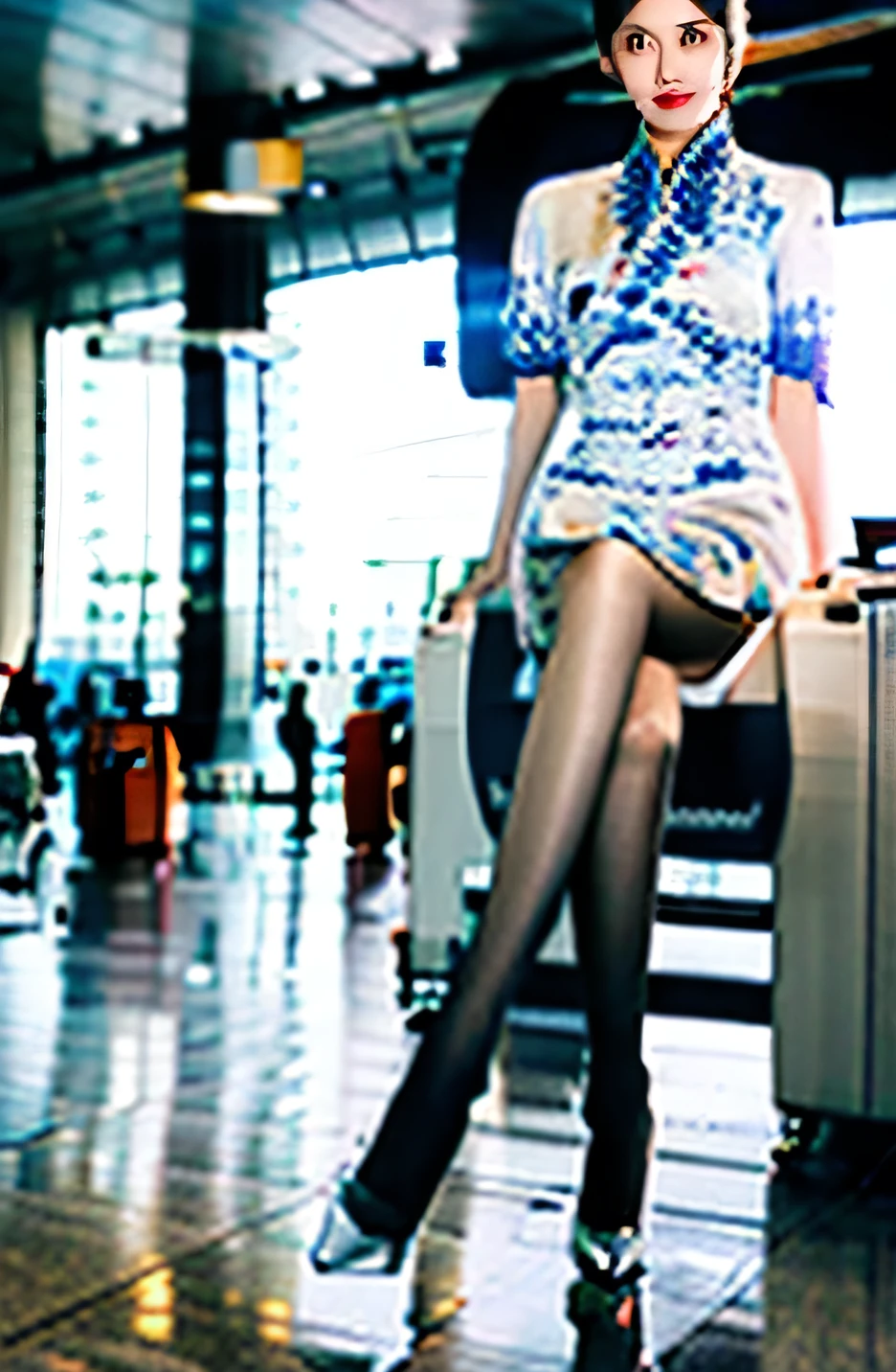 Stilettos,Single ball hairstyle,Heavy makeup,Red lips,White skin,Mature,,Full Body Love,Large breasts,Long legs,you can see the whole body,Ultra-thin flesh-colored pantyhose,at the airport,Stand up,Very long legs,During the day,sunny,Stewardess cheongsam