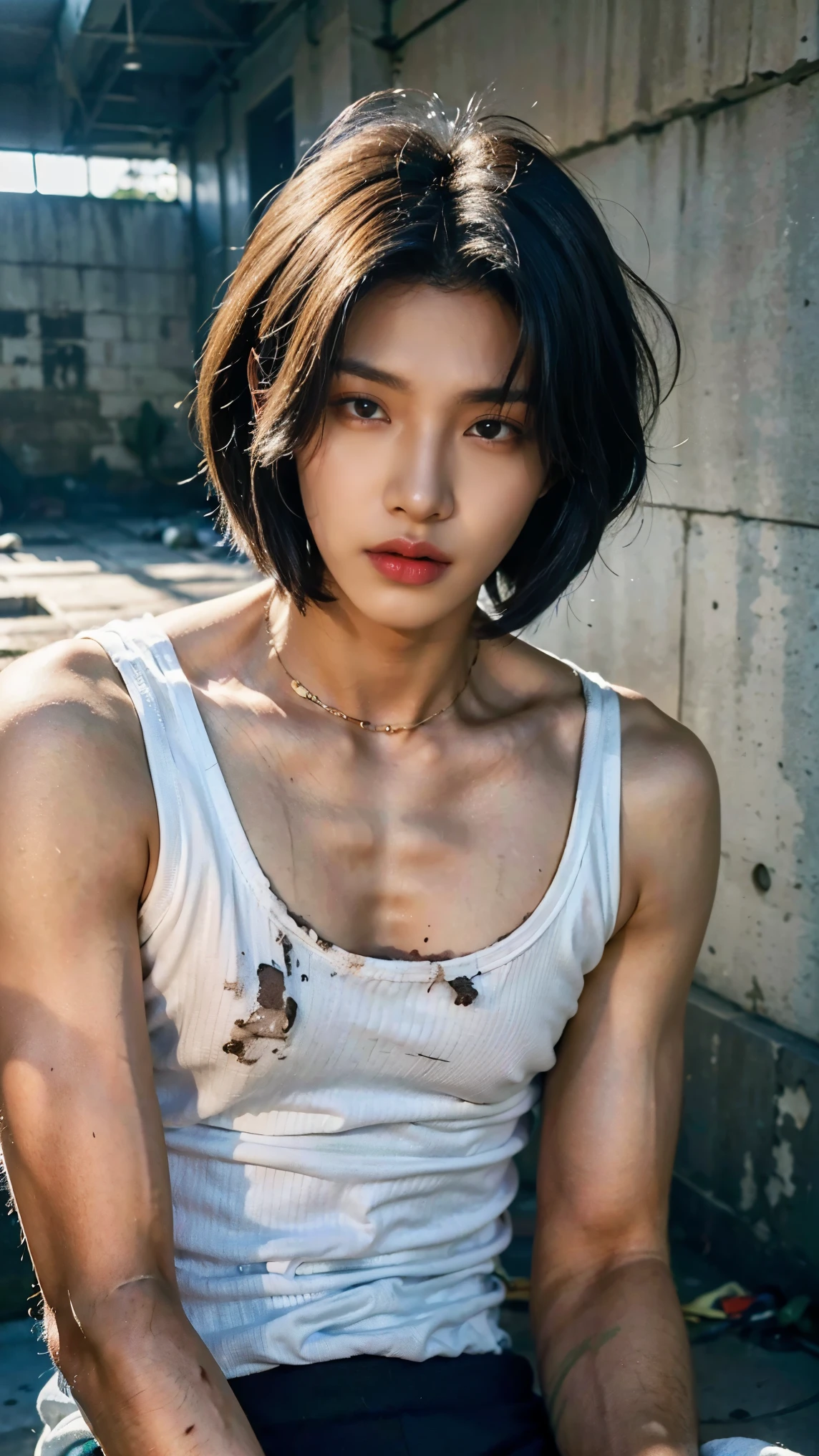 Realistic photos, 8k,(((In the sewer,Sitting down,Dying state,It is dirty,Bad smell,dirty,odor,Homeless,Depraved,Handsome young Korean ladyboy with bob cut))),(((Very big eyes,Glaring at the camera,Unpleasant,Bad mood))),Chest is male,18-year-old,(Ultra-realistic), (figure), (High resolution), (8k), (Very detailed), (Best figure), (Beautiful fine details), (highest quality), (Super detailed), (masterpiece), (wallpaper), (Detailed face), ((whole body,Flat Chest,Very muscular)),alone,Black hair bob cut,(((A girl with makeup on her face,The body is a perfect man))), Black tank top,Training pants,Transgender,Korean,kpop,Muscular male chest