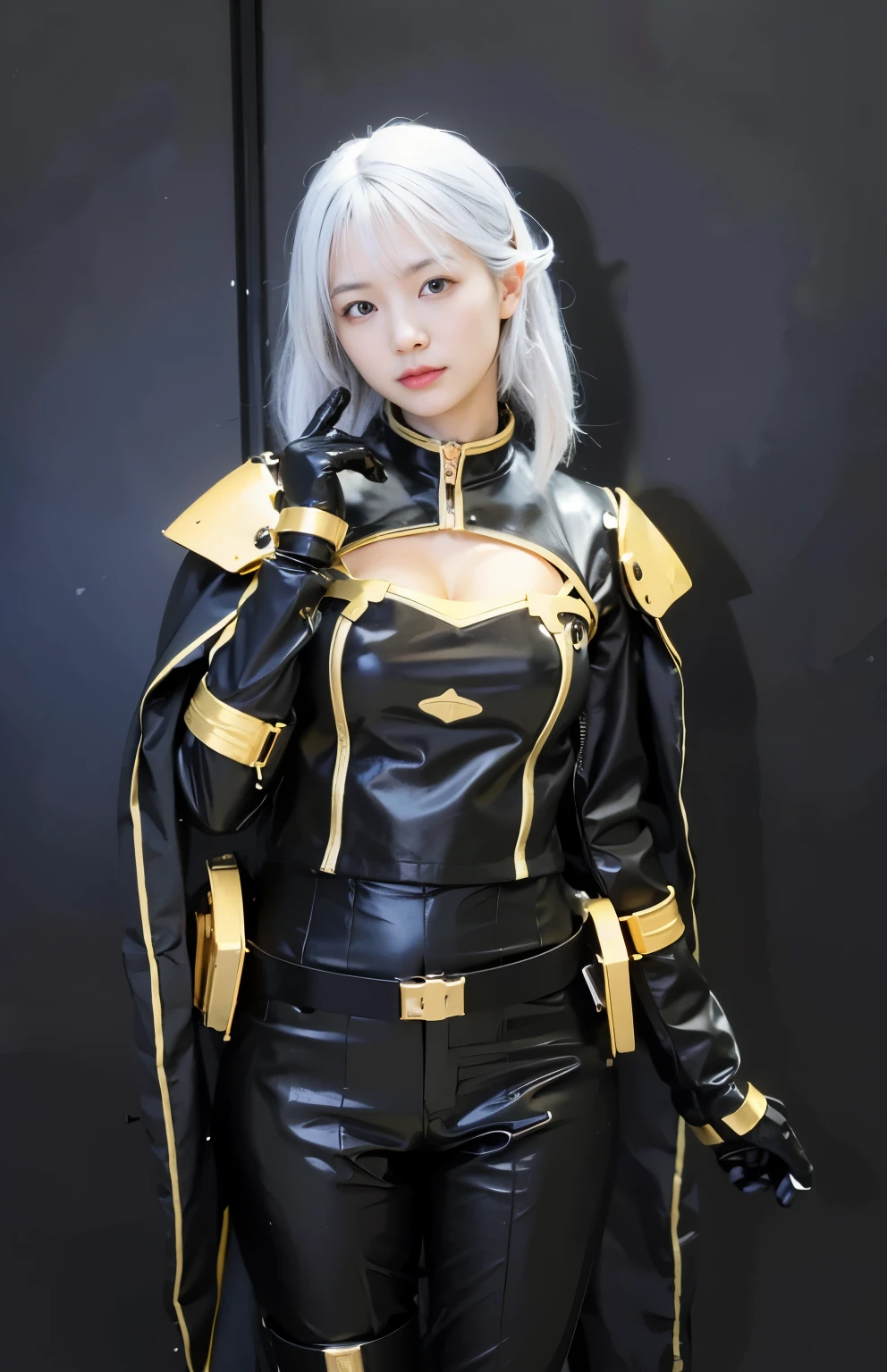 Masterpiece, (ultimate quality:1.2), 8k, Japanese woman in turtle-type powered suit, silver base with yellow and black accents, very beautiful face, mechanical, (mechanical bat wings), jet pack, hydraulic cylinder, power pipe, ultimately intricate details, full body shot, (ultimate photo Realistic:1.37), future metropolis at night, (Steampunk: 1.2), (Cyberpunk), Full body photo, Wide-angle shot