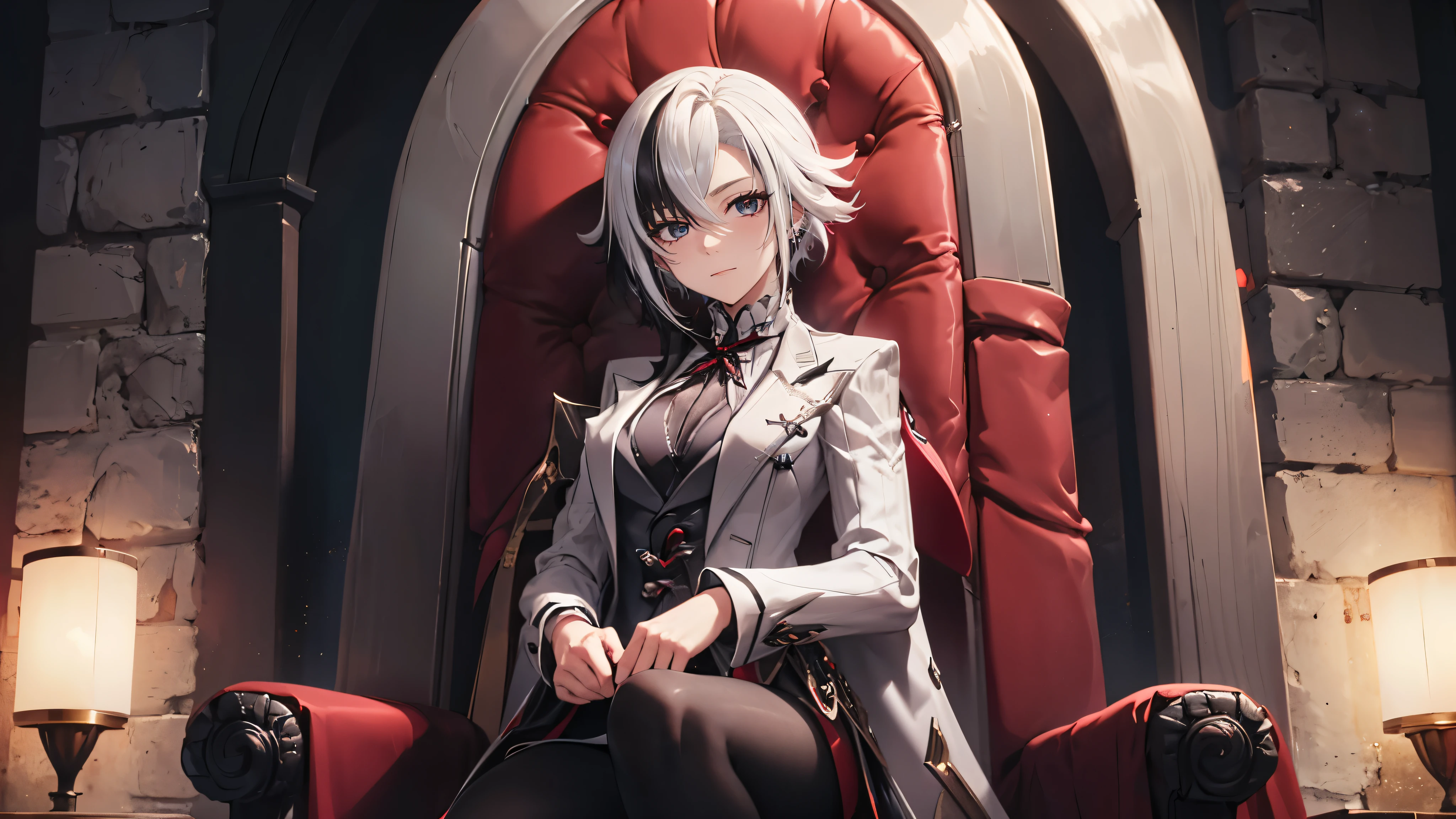 1girl, solo, white hair, black hair, multicolored hair, x-shaped pupils, black eyes, arle_suit, arlecchino, sweet look, serious look, mature, sitting on a throne, crimson lighting
