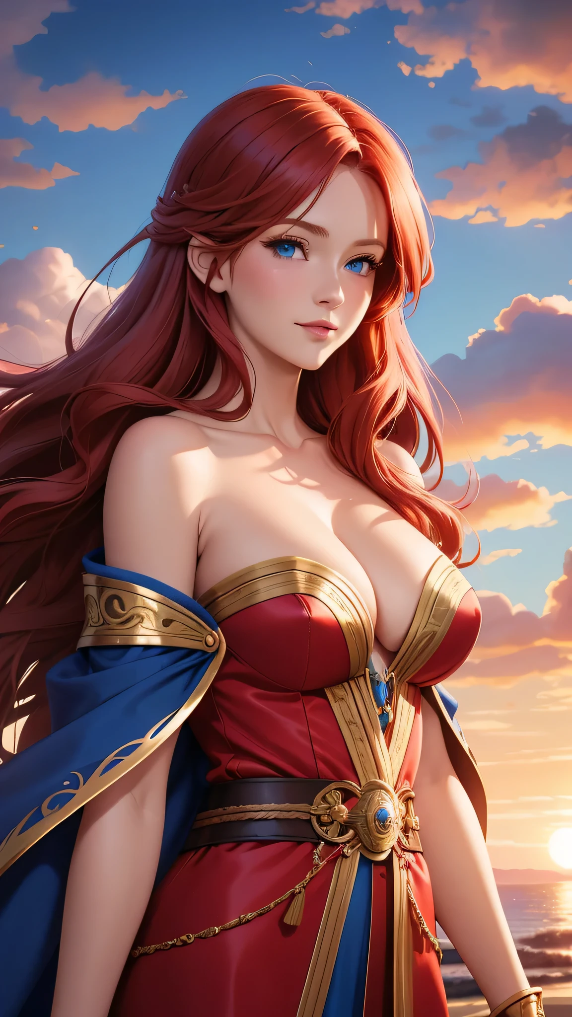 Best quality, 30 year old woman,  long red hair, blue eyes, slight smile, upper body, skimpy mage robes, intricate details,  fluffy clouds, fantasy city,  sunset, cleavage, 