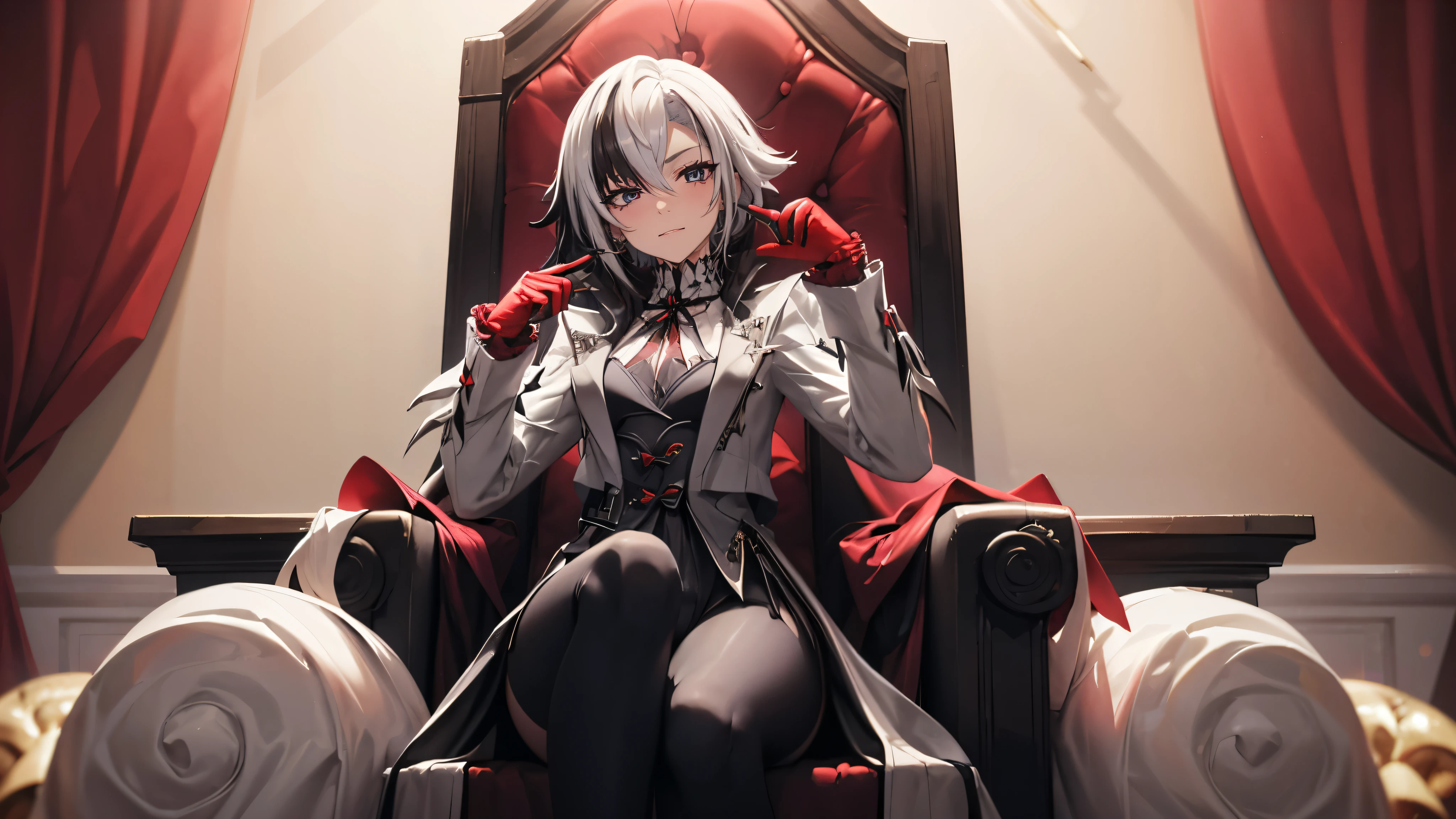 1girl, solo, white hair, black hair, multicolored hair, x-shaped pupils, black eyes, arle_suit, arlecchino, serious look, mature, sitting on a throne, crimson lighting, queen