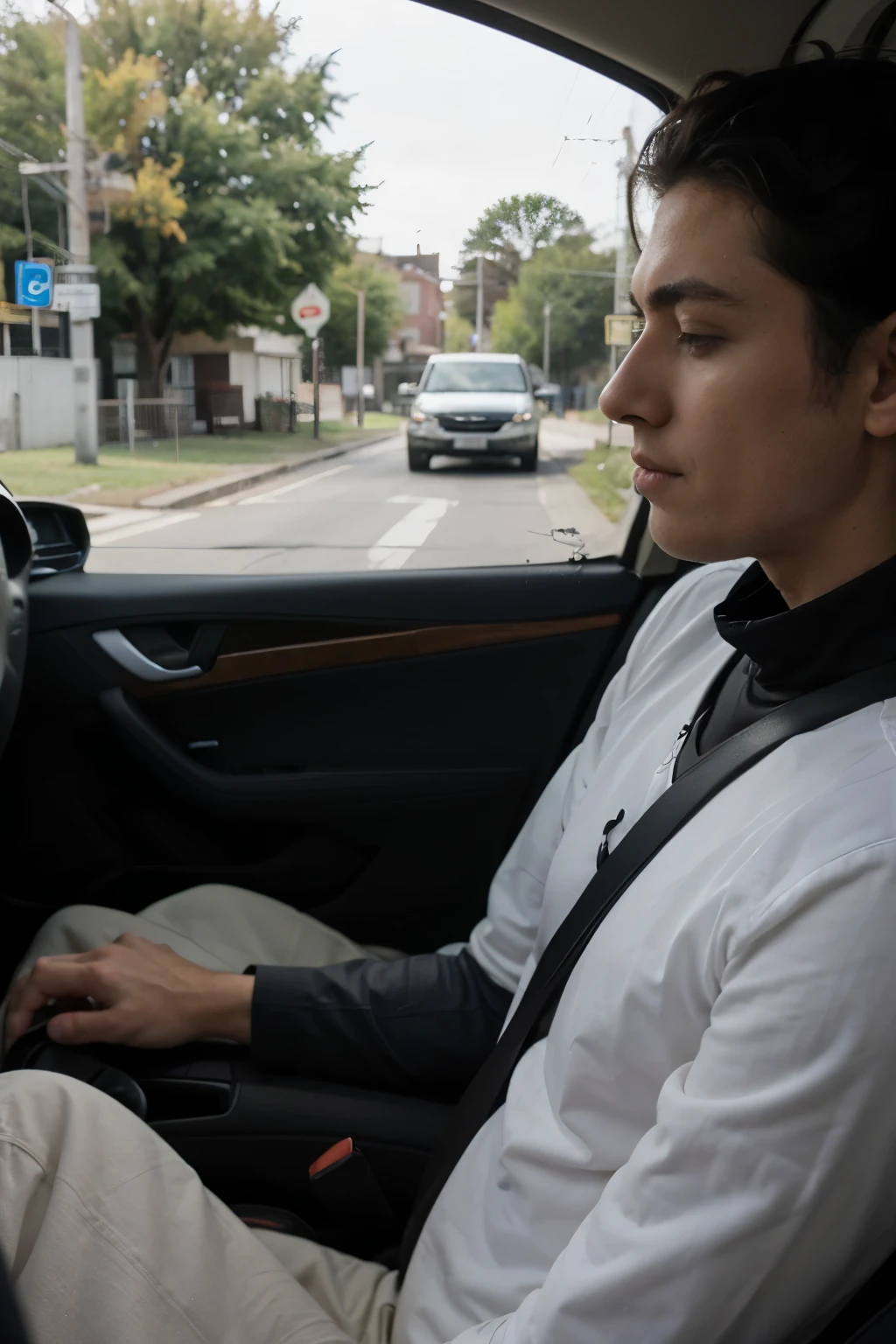 Two friends driving car and man looking out window and thinking about love 