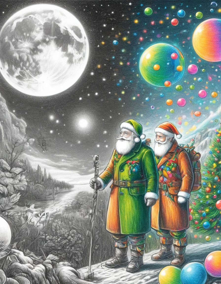 1hbgd1, Wear Christmas costumes，A mecha figure with a big white beard, rainbow bubbles, Fleeting beauty, Sparkling colors, Playful Atmosphere, Exquisite sphere，The artwork should transition from a pencil drawing style in black and white on the left half to vibrant colors on the right half, Ensure a seamless integration between the two halves without any dividing line, The scene is identical on both sides, with the left side featuring detailed black and white pencil strokes and the right side filled with colors, creating a harmonious blend across the image