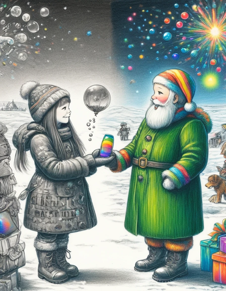 1hbgd1, Wear Christmas costumes，A mecha figure with a big white beard, rainbow bubbles, Fleeting beauty, Sparkling colors, Playful Atmosphere, Exquisite sphere，The artwork should transition from a pencil drawing style in black and white on the left half to vibrant colors on the right half, Ensure a seamless integration between the two halves without any dividing line, The scene is identical on both sides, with the left side featuring detailed black and white pencil strokes and the right side filled with colors, creating a harmonious blend across the image