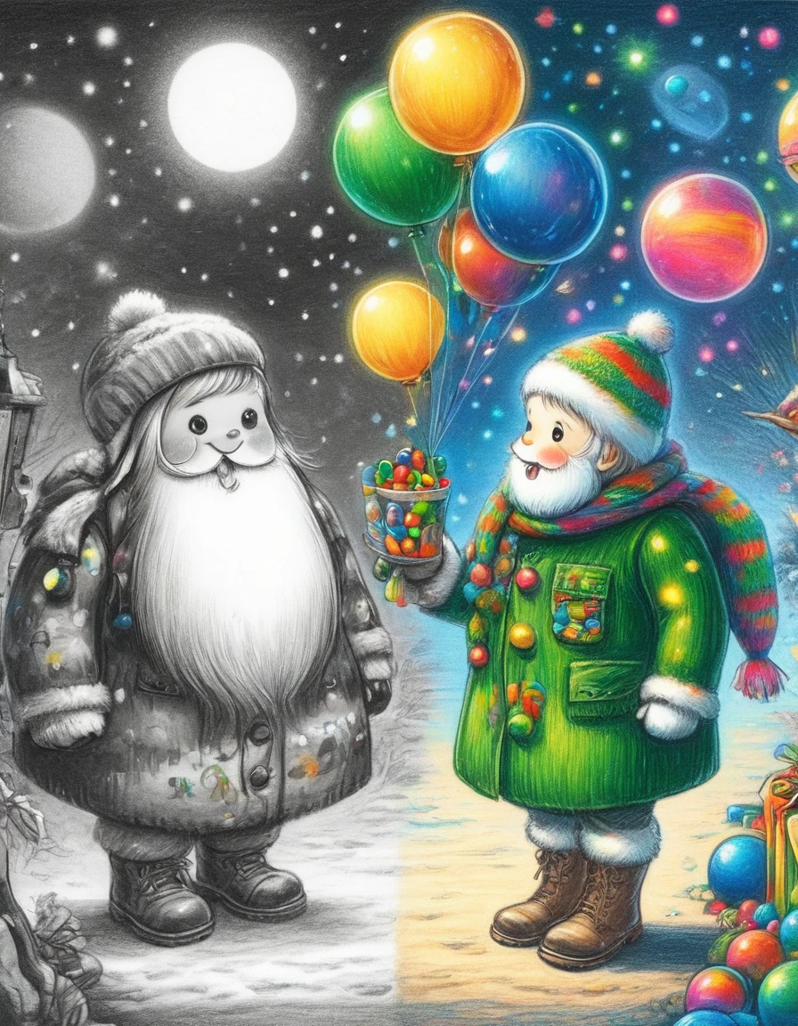 1hbgd1, Wear Christmas costumes，A mecha figure with a big white beard, rainbow bubbles, Fleeting beauty, Sparkling colors, Playful Atmosphere, Exquisite sphere，The artwork should transition from a pencil drawing style in black and white on the left half to vibrant colors on the right half, Ensure a seamless integration between the two halves without any dividing line, The scene is identical on both sides, with the left side featuring detailed black and white pencil strokes and the right side filled with colors, creating a harmonious blend across the image