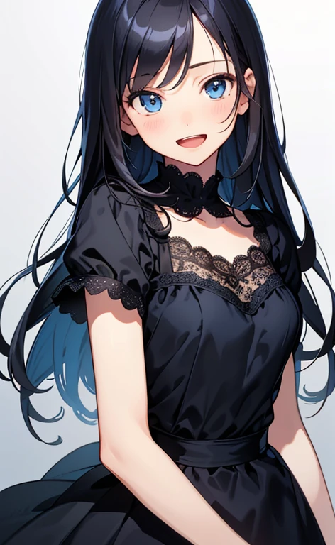 (masterpiece:1.4、top-quality、illustration:1.4,realistic、)、(character focus、breast focus,upper body:1.3)、(1girl),(Open mouth happy smile:1.3),(cute),cute face,blue eyes、(cute)、
,(stand:1.4),(black long hair),
,(slender),lace dress:1.3),
(),(), (small breasts:1.3)、
、slender、