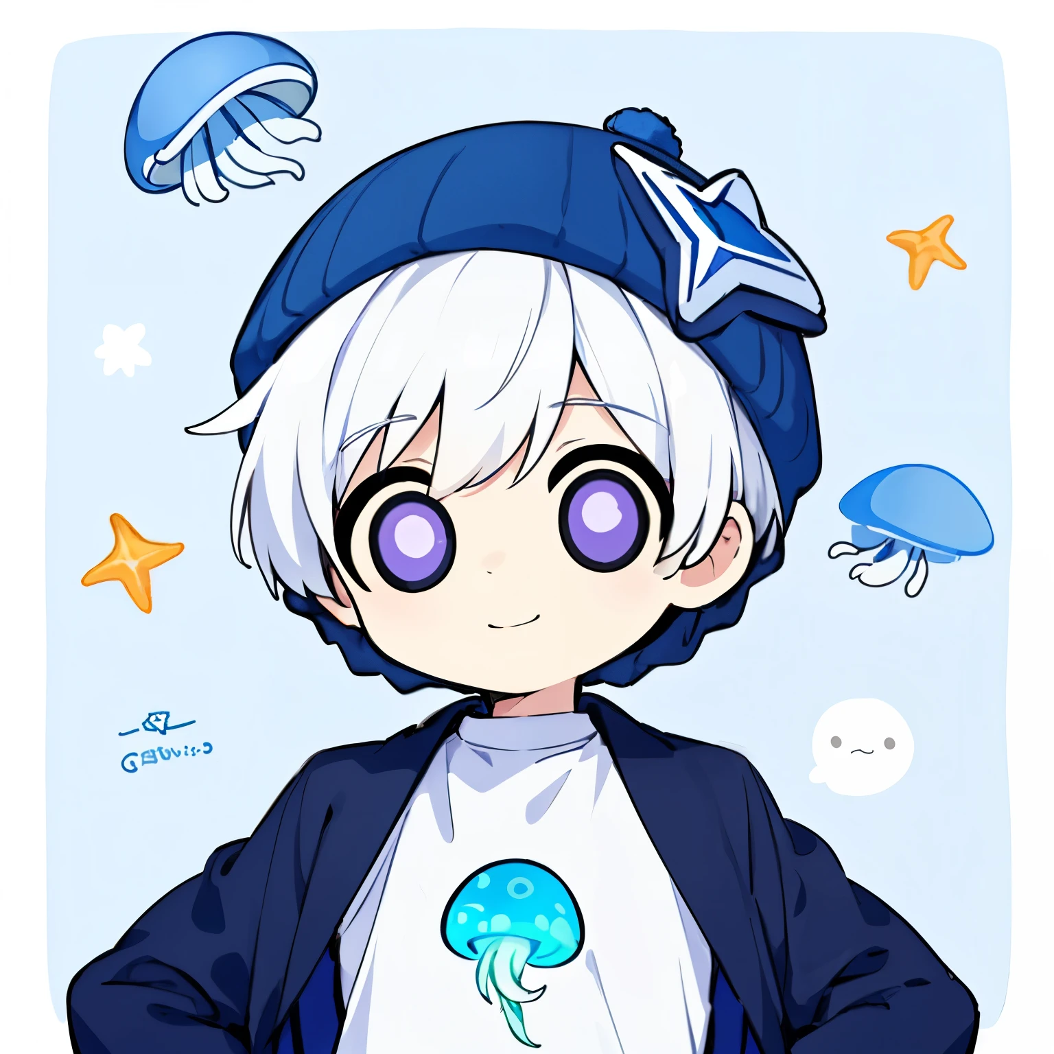 (high quality, thrilling),(expressive eyes, perfect face), (white hair), ((1 boy)), male, alone, short, **********, (wearing a blue shirt), jellyfish background, purple eyes, (chibi:1.4), smile, (wearing a starfish hat)