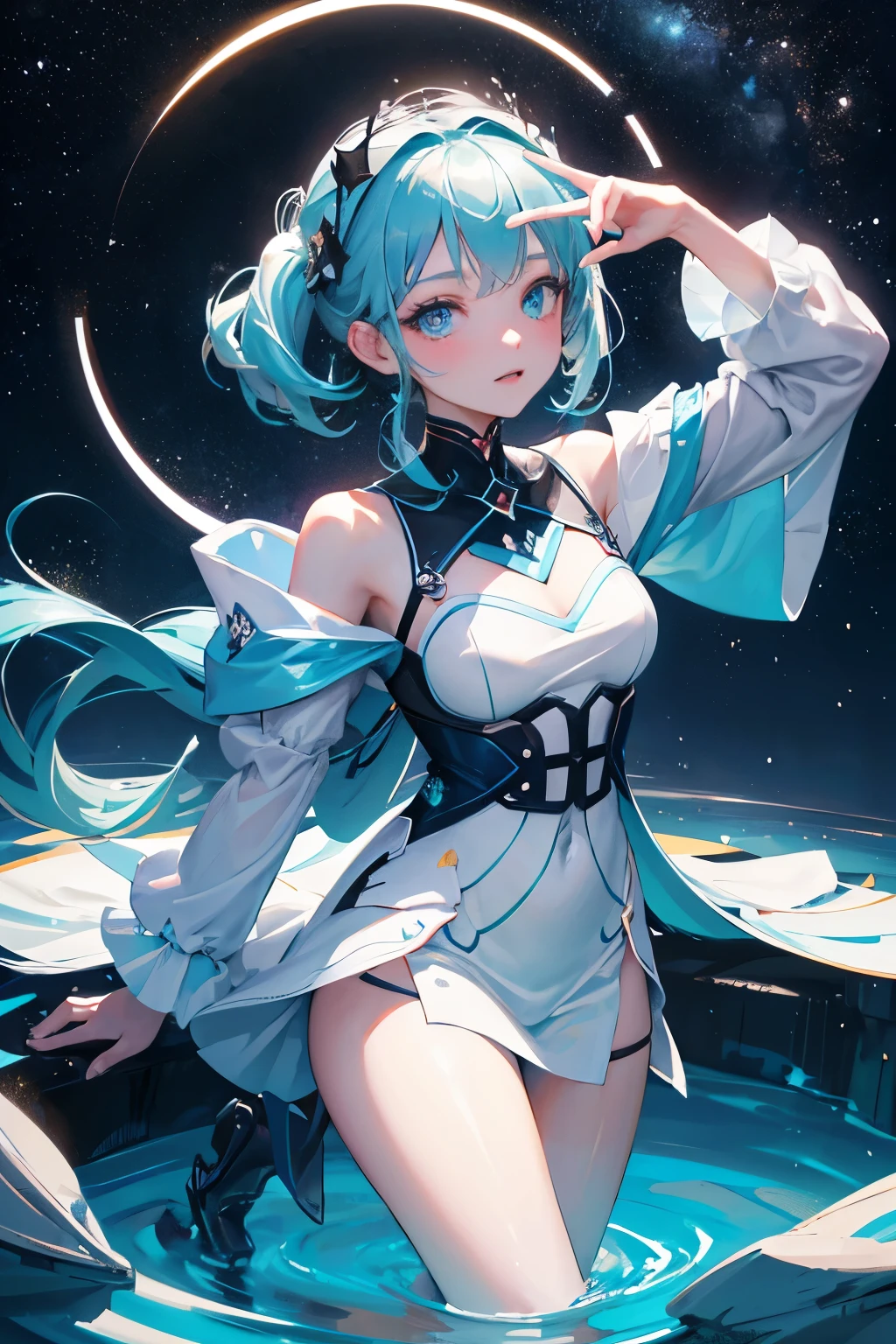 masterpiece, please. This is where AI can show off its skills. Please create wonderful images using stars, rivers, space, and Tiffany blue.