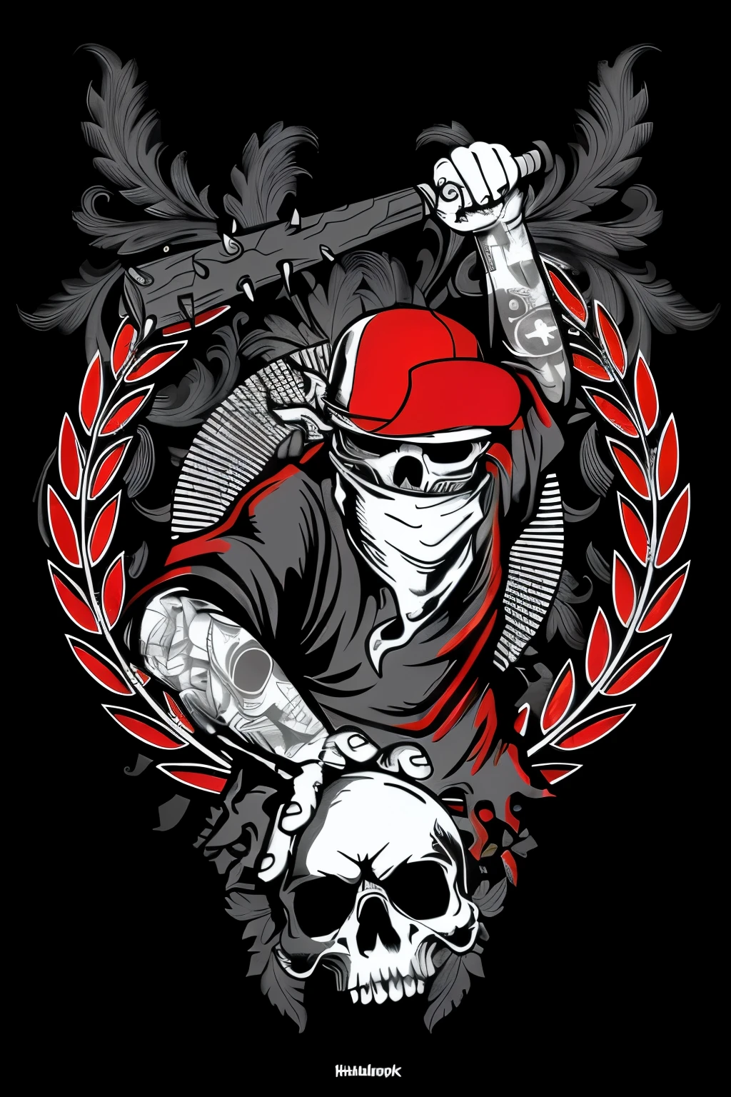 Man with baseball bat and skull wreath, Styled by Hydro 74, Punk Reaper, Rock band skull design, T-shirt design de metal pesado, Clean detailed art, T-shirt design, Monochrome and red bleeding, Heavy Metal Art Style, Illustration style digital, Color digital illustration, High contrast illustration, Detailed Vector Art、Wearing sunglasses