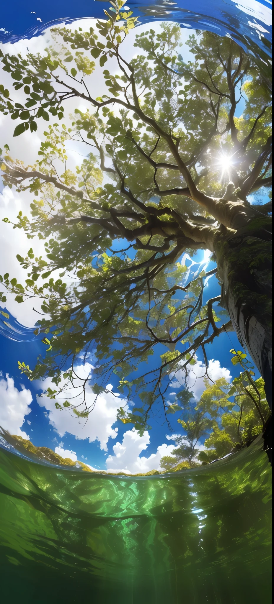 There is a tree in the water，Background is sky, view from below, Shot from below, Lower perspective, View from below, View from slightly below, low angle 8k hd nature photo, Sunlight shines through the canopy, Low Angle Photography, 极Low angle shot, Low angle shot, Low angle shot, Look up at the perspective