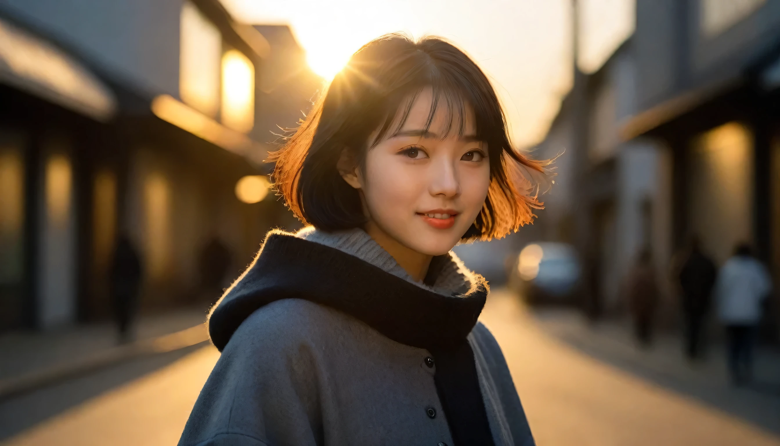 8K, Ultra-high resolution, highest quality, masterpiece, Surreal, photograph, 1 girl, (16 years old:1.3), cute girl, cute face, Beautiful eyes in every detail, masterpiece, highest quality, (highest quality,masterpiece:1.3,Ultra-high resolution),(Very detailed,Caustics,8K),(Realistic:1.4,RAW shooting),At dusk,sunset,Warm Light,Backlight,Brilliant,Lens flare,street,24-years-old,cute,Japanese,Short black hair,The best smile,big ,down coat,Turtleneck sweater,Long skirt,Low position,Low - Angle,Blur the background,Natural light , (((whole body))),、super cute super model、Please look closely at the camera 、Brilliant details、detailed、Surreal、Light and shadow,Strong light,Fashion magazine cover,Thin lips