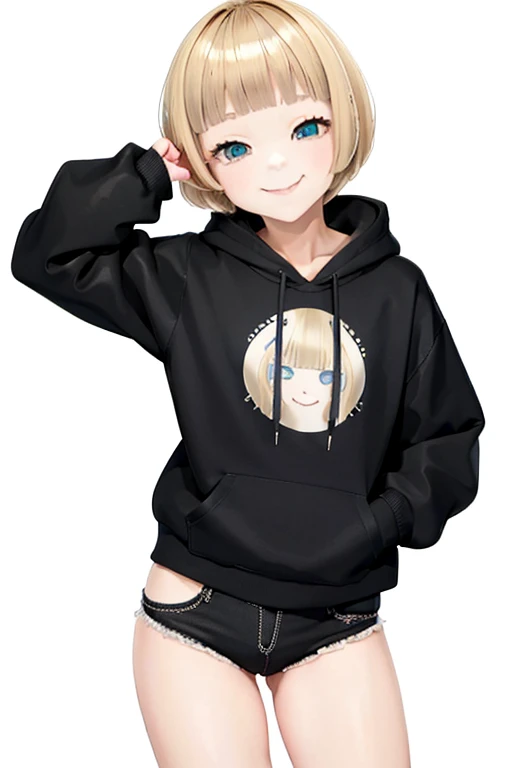 Blonde hair, short mash hair, turquoise eyes,A girl with impressive blonde hair、hair ornaments、short bob、hot pants、smile、dynamic pose, plain white hoodie, black shorts, black sneakers, mocking smile