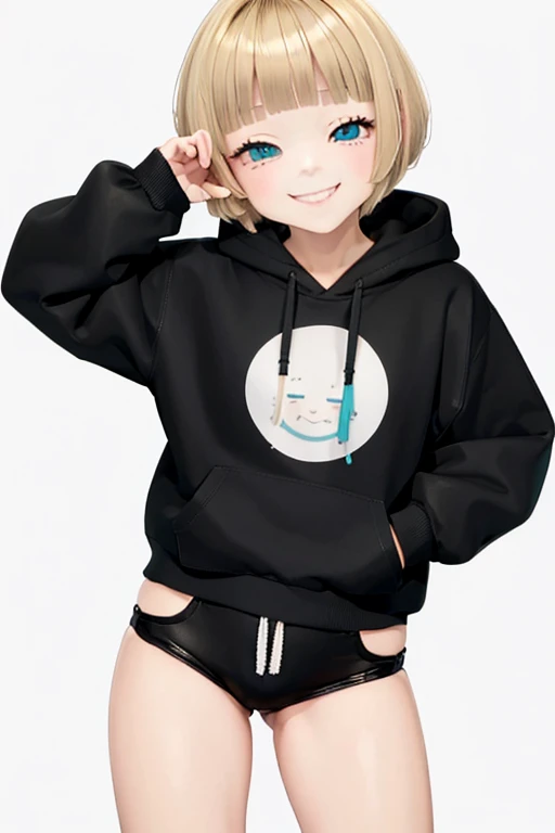 Blonde hair, short mash hair, turquoise eyes,A girl with impressive blonde hair、hair ornaments、short bob、hot pants、smile、dynamic pose, plain white hoodie, black shorts, black sneakers, mocking smile