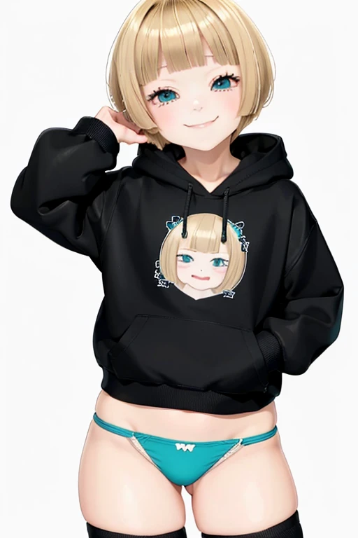 Blonde hair, short mash hair, turquoise eyes,A girl with impressive blonde hair、hair ornaments、short bob、hot pants、smile、dynamic pose, plain white hoodie, black shorts, black sneakers, mocking smile