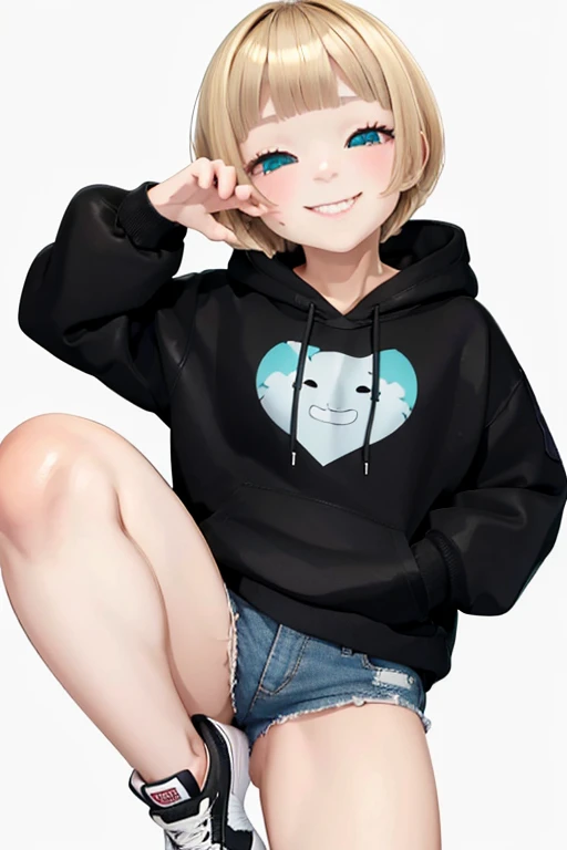 Blonde hair, short mash hair, turquoise eyes,A girl with impressive blonde hair、hair ornaments、short bob、hot pants、smile、dynamic pose, plain white hoodie, black shorts, black sneakers, mocking smile