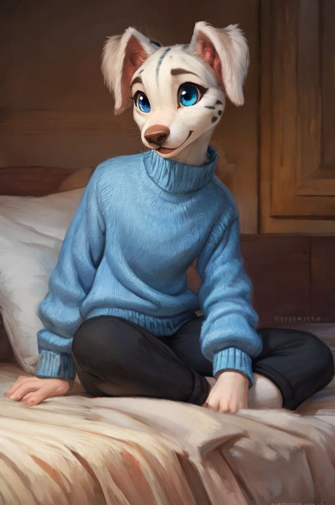 [D=" slim, young, teenager, cute, damlatian, female, anthro, beautiful, digitigrade socks, oversized slim blue sweater, tight leggings, black dalmatian's dots"], D inside a room with warminig sun's light, sitting with cosed legs, beautiful furry art, masterpiece, breathtaking, trending on artstation, superb linework, very good illustration, highly detailed, by hioshiru, by zaush, by honovy, by pixelsketcher.  Casual photo.