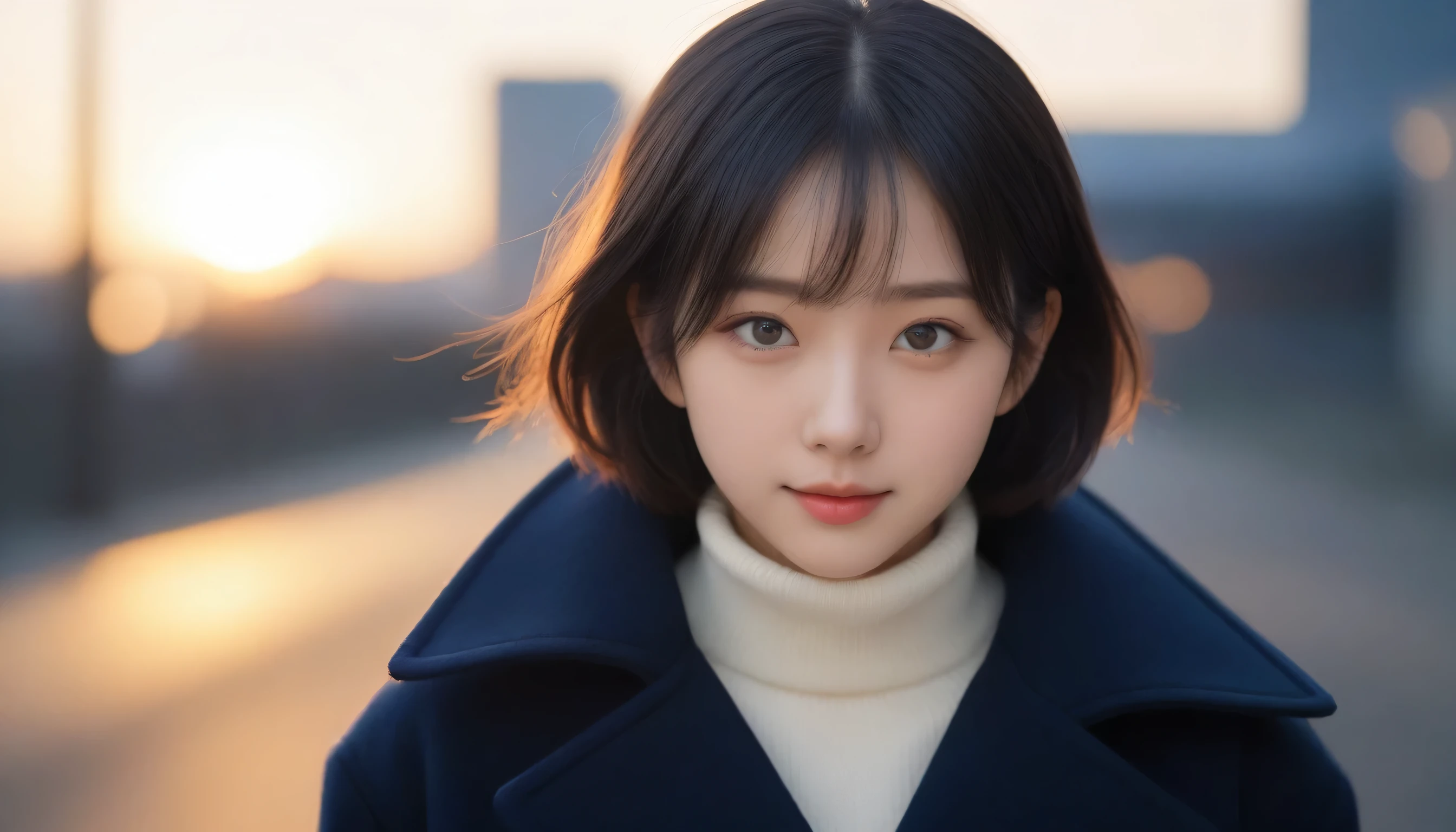 8K, Ultra-high resolution, highest quality, masterpiece, Surreal, photograph, 1 girl, (16 years old:1.3), cute girl, cute face, Beautiful eyes in every detail, masterpiece, highest quality, (highest quality,masterpiece:1.3,Ultra-high resolution),(Very detailed,Caustics,8K),(Realistic:1.4,RAW shooting),At dusk,sunset,Warm Light,Backlight,Brilliant,Lens flare,street,24-years-old,cute,Japanese,Short black hair,The best smile,big ,down coat,Turtleneck sweater,Long skirt,Low position,Low - Angle,Blur the background,Natural light , (((whole body))),、super cute super model、Please look closely at the camera 、Brilliant details、detailed、Surreal、Light and shadow,Strong light,Fashion magazine cover,Thin lips