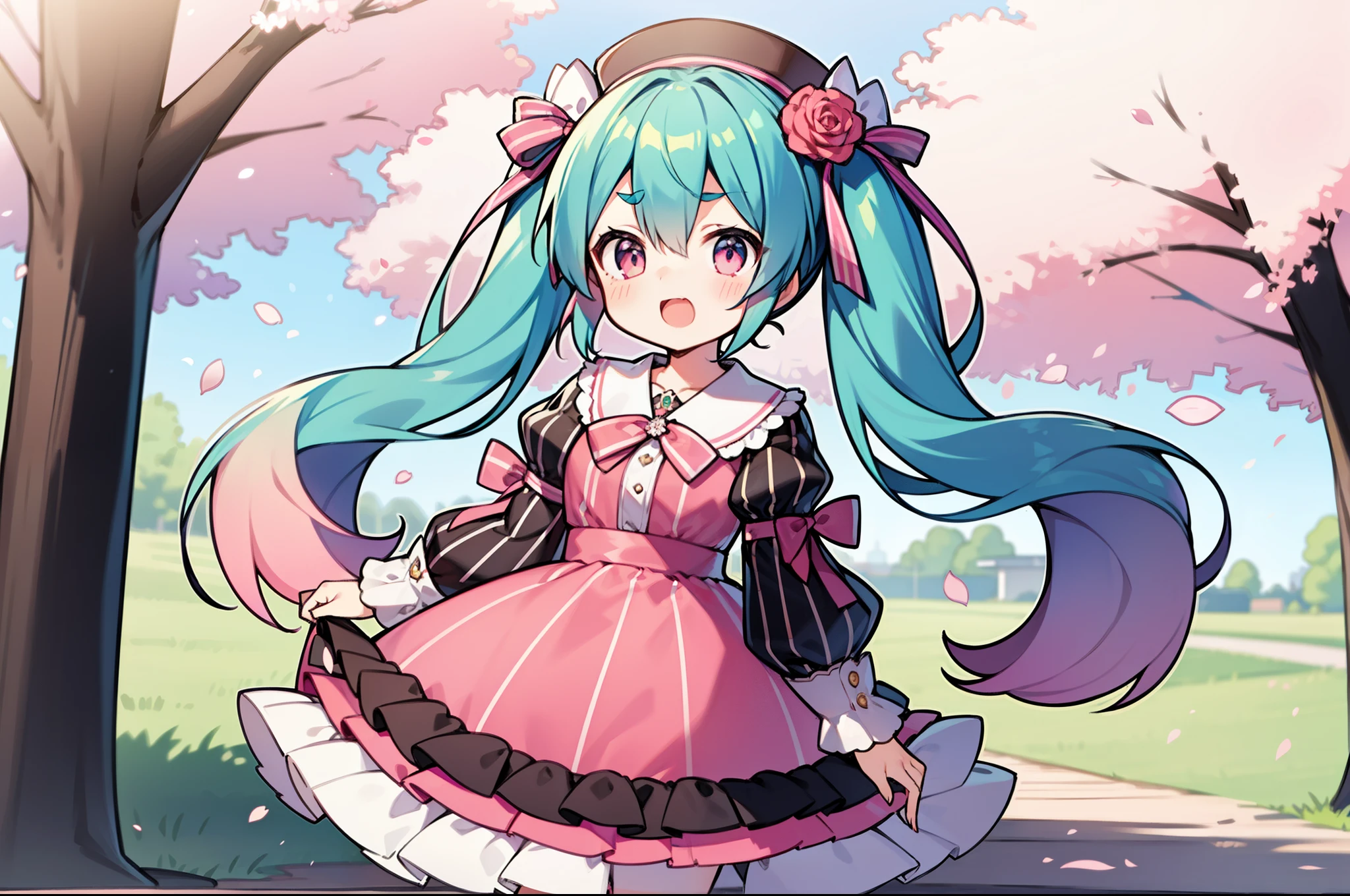 petals, rating:safe, striped, pink_hair, pink_eyes, cherry_blossoms, vertical_stripes, solo, twintails, falling_petals, sakura_miku, long_hair, (1girl), vertical-striped_dress, long_sleeves, looking_at_viewer, open_mouth, flower, blush, eyebrows_visible_through_hair, dress, striped_background, very_long_hair, hat, ribbon, hair_ornament, bangs, alternate_costume, shiny_hair, hair_ribbon, hair_between_eyes, hair_flower, striped_bow, juliet_sleeves, striped_dress, rose_petals, pink_ribbon, shiny, puffy_sleeves, bow, striped_neckwear, pink_skirt, striped_ribbon, alternate_hairstyle, gradient_hair, pinstripe_pattern, cowboy_shot, hatsune_miku, sidelocks, black_ribbon, shirt