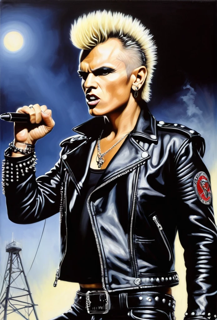 (((26 years old Billy Idol))) a Punk Rock Star with his iconic hairstyle and spiked leather jacket, raises his fist tonthe sky to shownhis rebellion to the world, ultra sharp and crisp, oil on canvas painting in Don Lawrence art style
