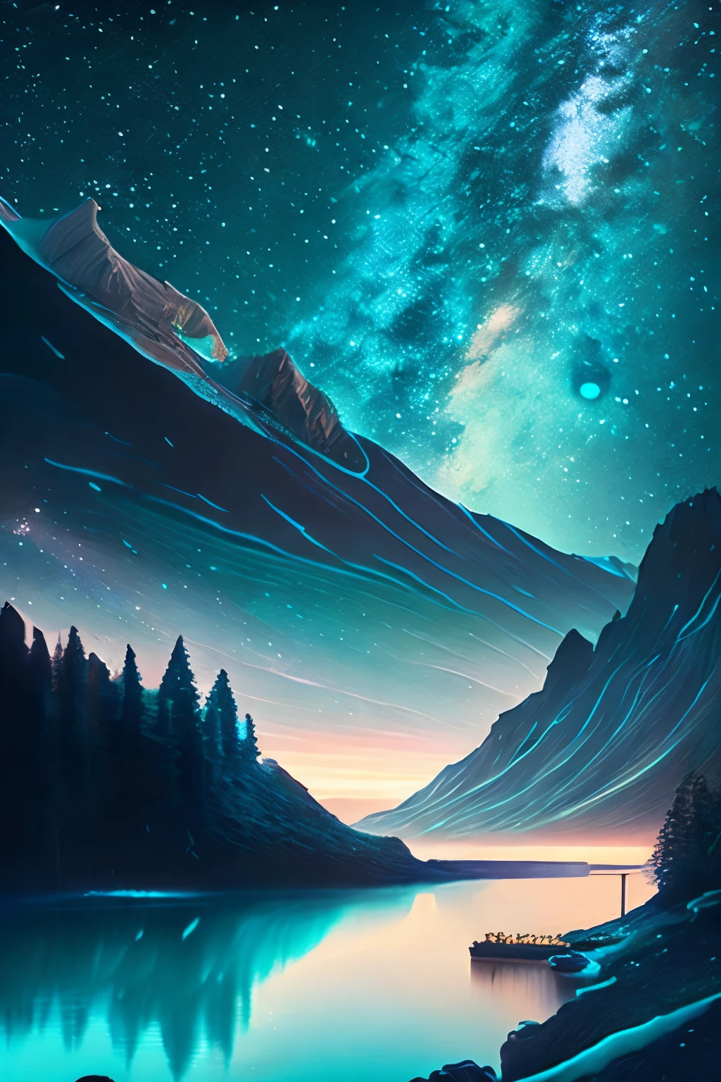 masterpiece, please. This is where AI can show off its skills. Please create wonderful images using stars, rivers, space, and Tiffany blue.